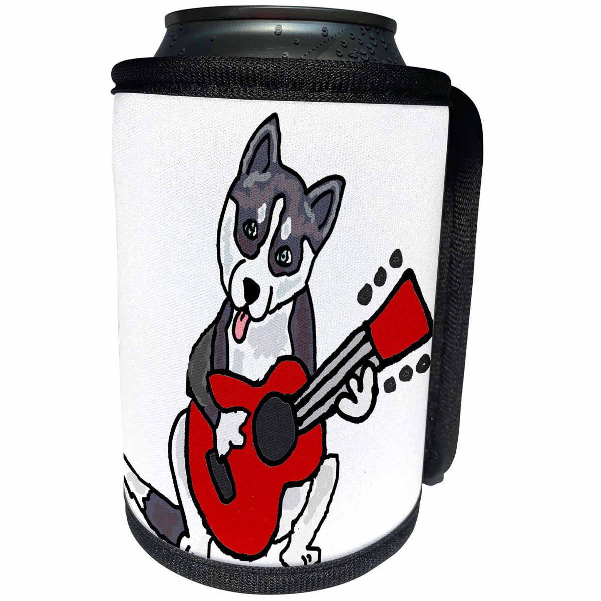 3dRose All Smiles Art Music - Funny Cute Grey Siberian Husky Playing Guitar - Can Cooler Bottle Wrap (cc_255680)