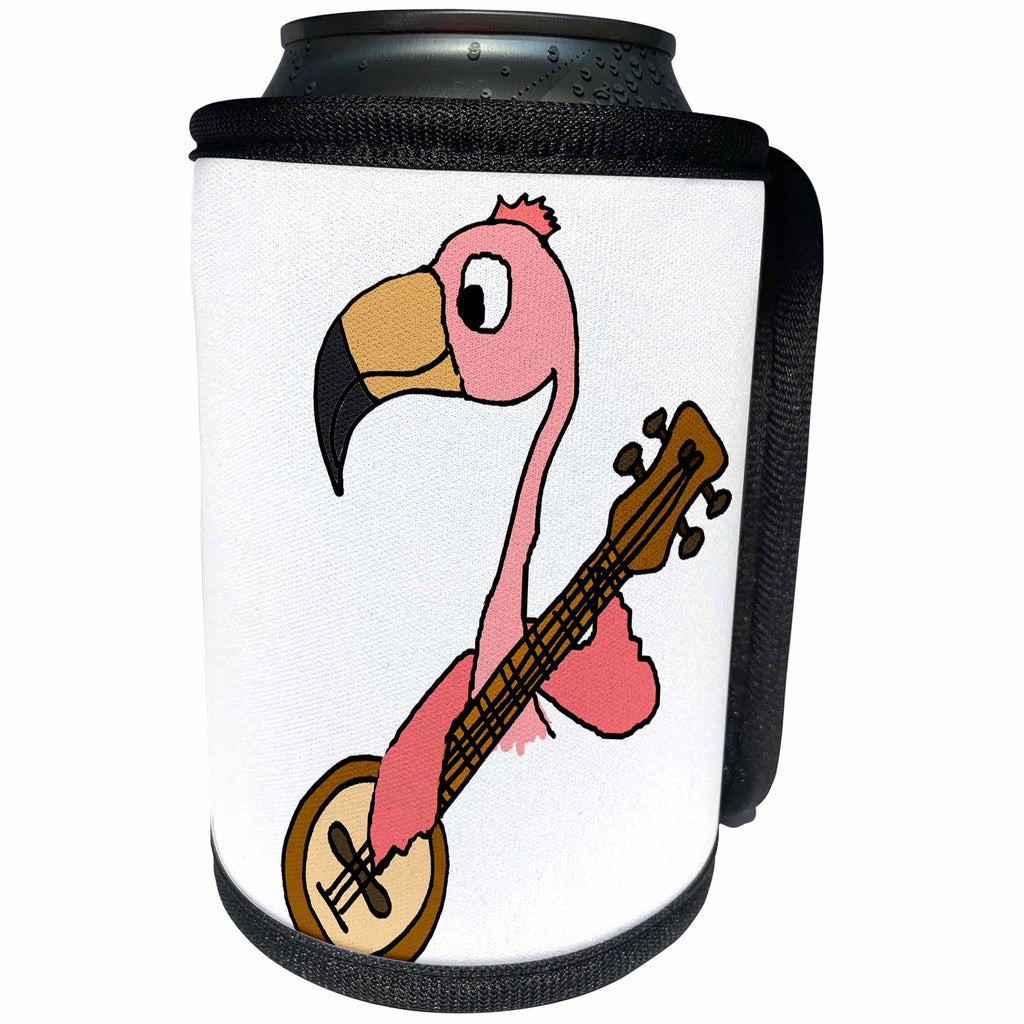 3dRose All Smiles Art Music - Funny Cute Pink Flamingo Bird Playing Banjo - Can Cooler Bottle Wrap (cc_255767)