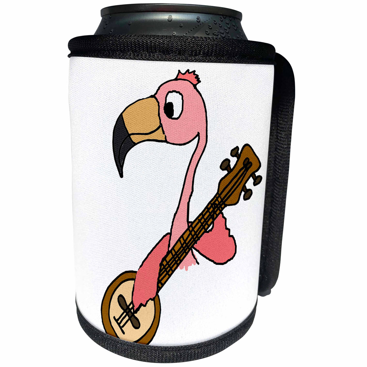 3dRose All Smiles Art Music - Funny Cute Pink Flamingo Bird Playing Banjo - Can Cooler Bottle Wrap (cc_255767)