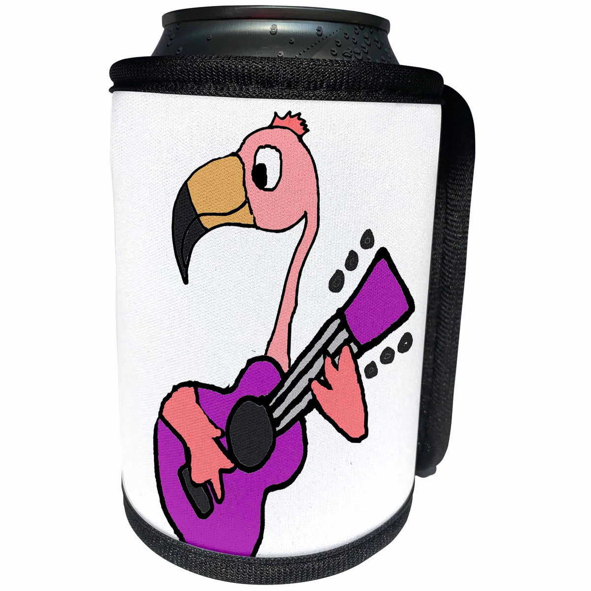 3dRose All Smiles Art Music - Funny Cute Pink Flamingo Bird Playing Purple Guitar - Can Cooler Bottle Wrap (cc_255769)
