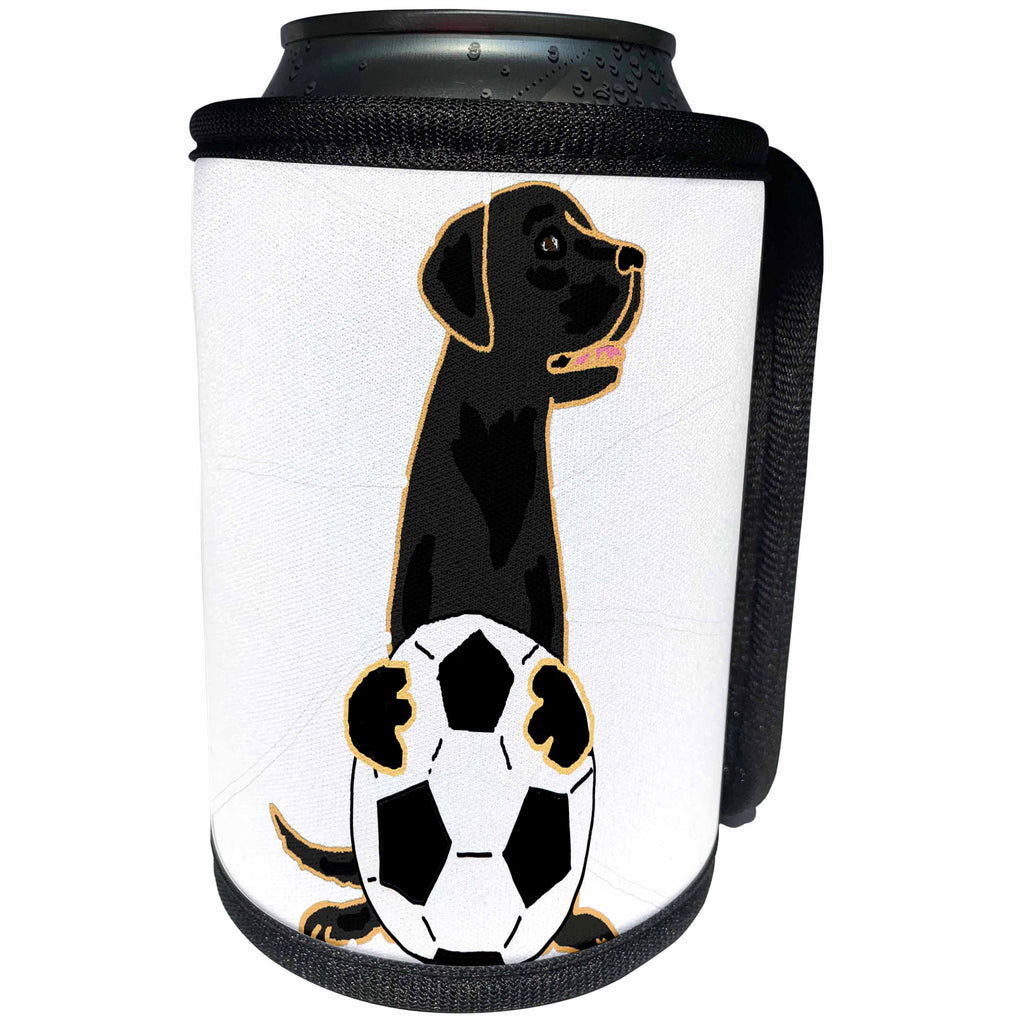 3dRose All Smiles Art Sports and Hobbies - Funny Cute Black Labrador Retriever Dog Playing Soccer - Can Cooler Bottle Wrap (cc_255773)