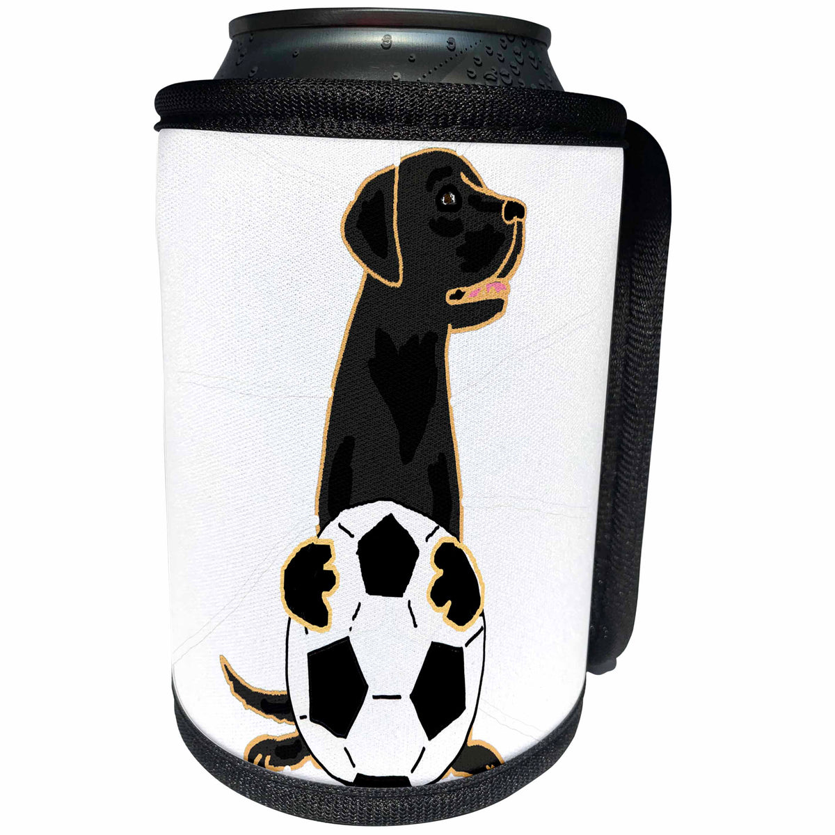3dRose All Smiles Art Sports and Hobbies - Funny Cute Black Labrador Retriever Dog Playing Soccer - Can Cooler Bottle Wrap (cc_255773)