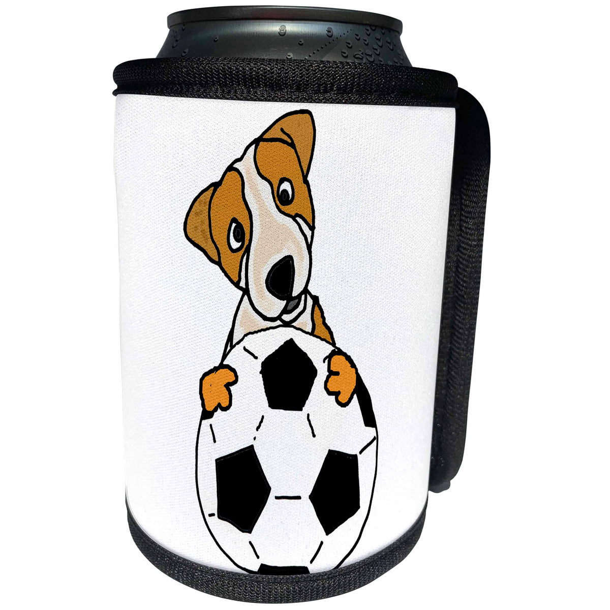 3dRose All Smiles Art Sports and Hobbies - Funny Cute Jack Russell Puppy Dog Playing Soccer - Can Cooler Bottle Wrap (cc_255774)