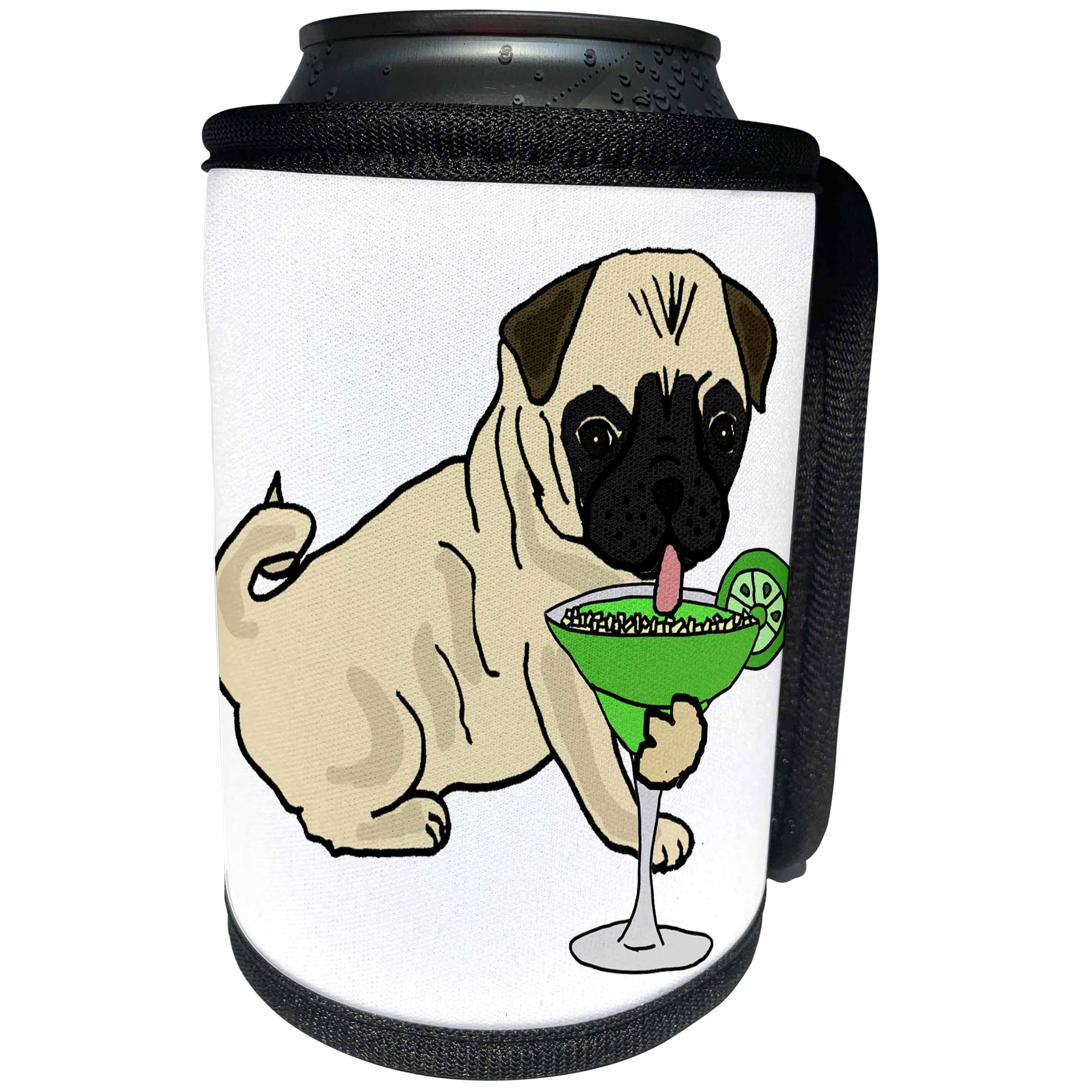 3dRose All Smiles Art Pets - Funny Cute Pug Puppy Dog Drinking Margarita - Can Cooler Bottle Wrap (cc_255781)