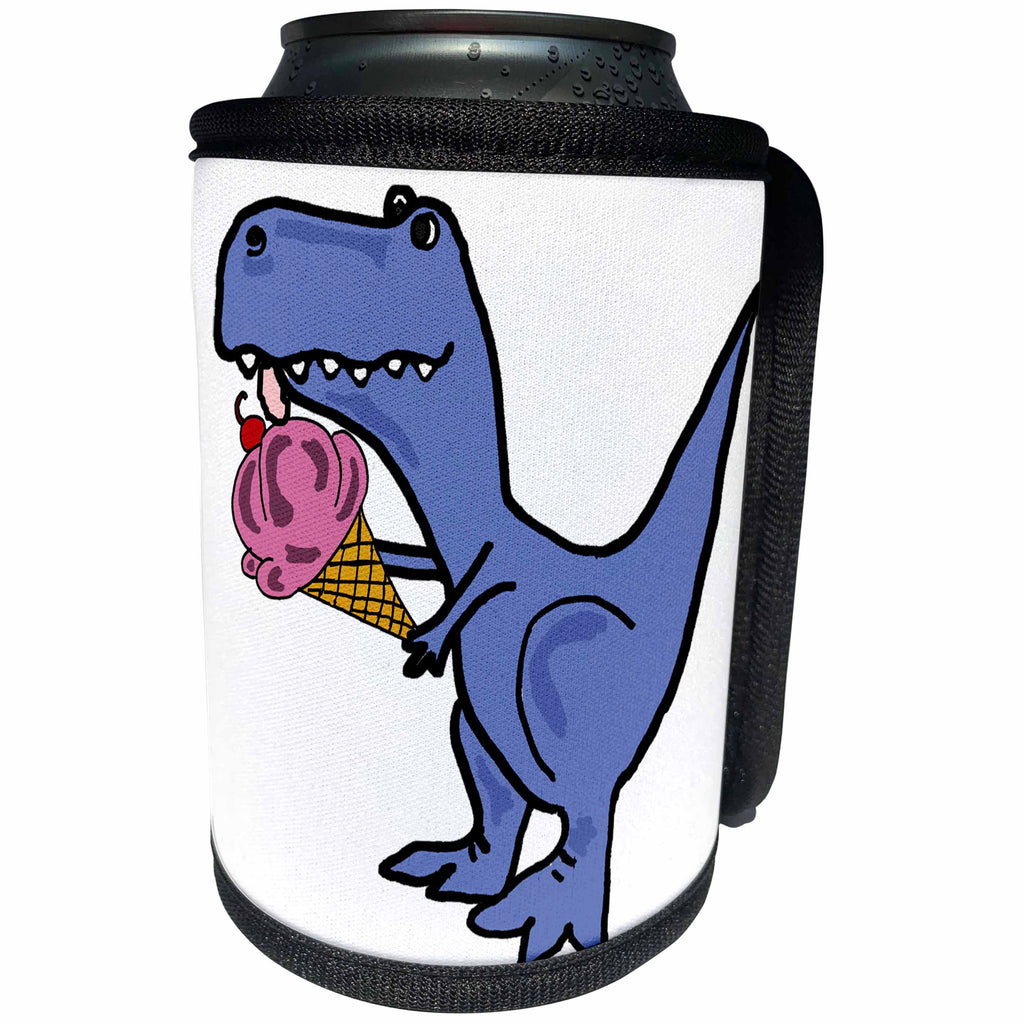 3dRose All Smiles Art Dinosaurs - Funny Cute Trex Dinosaur Eating Ice Cream Cone - Can Cooler Bottle Wrap (cc_255786)