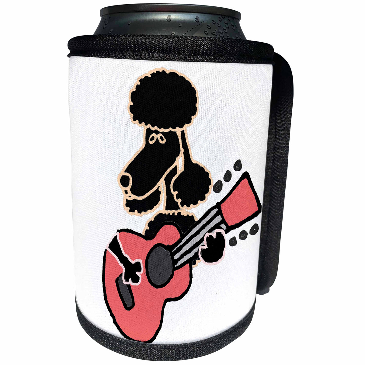 3dRose All Smiles Art Music - Funny Cute Black Poodle Dog Playing Pink Guitar - Can Cooler Bottle Wrap (cc_255787)