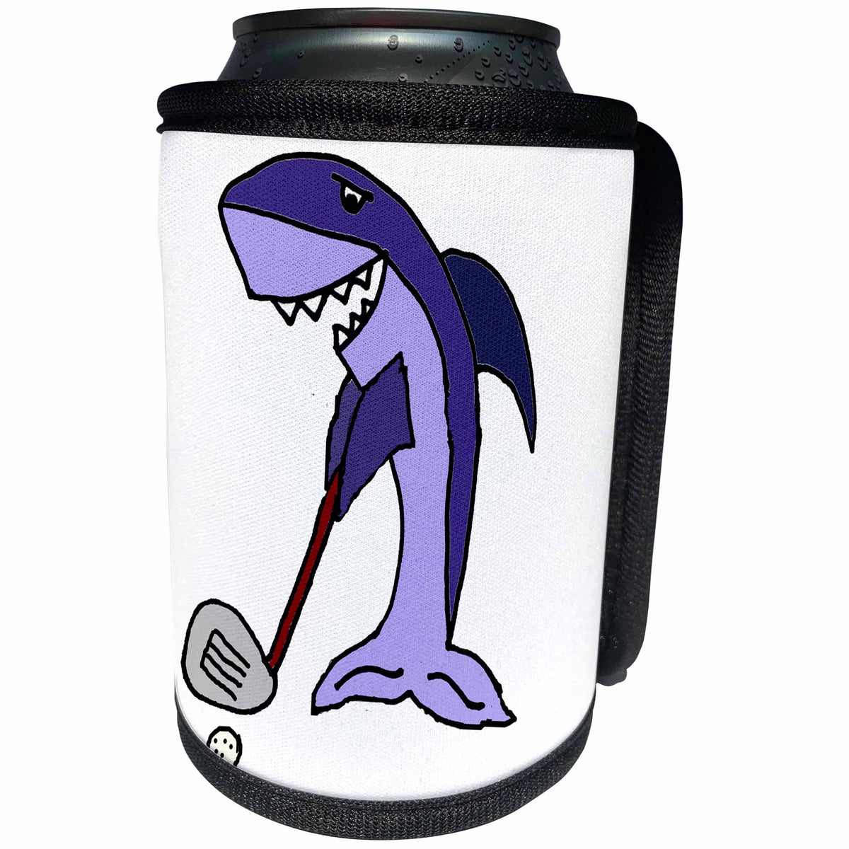3dRose All Smiles Art Sports and Hobbies - Funny Cute Shark Golfing is Great for the Beach - Can Cooler Bottle Wrap (cc_255793)