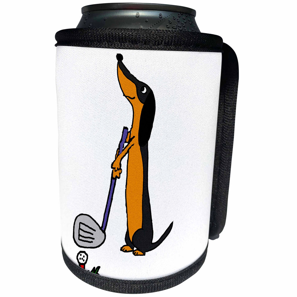 3dRose All Smiles Art Pets - Funny Cute Dachshund Puppy Dog Playing Golf - Can Cooler Bottle Wrap (cc_255794)