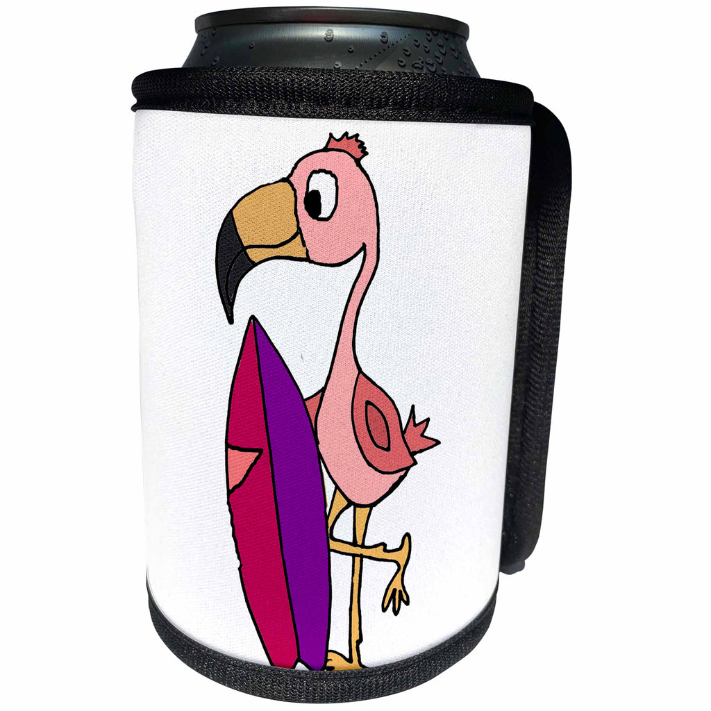 3dRose All Smiles Art Birds - Funny Cute Pink Flamingo Bird with Surfboard Surfing - Can Cooler Bottle Wrap (cc_255799)