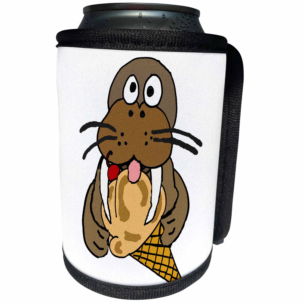 3dRose All Smiles Art Animals - Funny Cute Walrus with Vanilla Ice Cream Cone - Can Cooler Bottle Wrap (cc_255800)