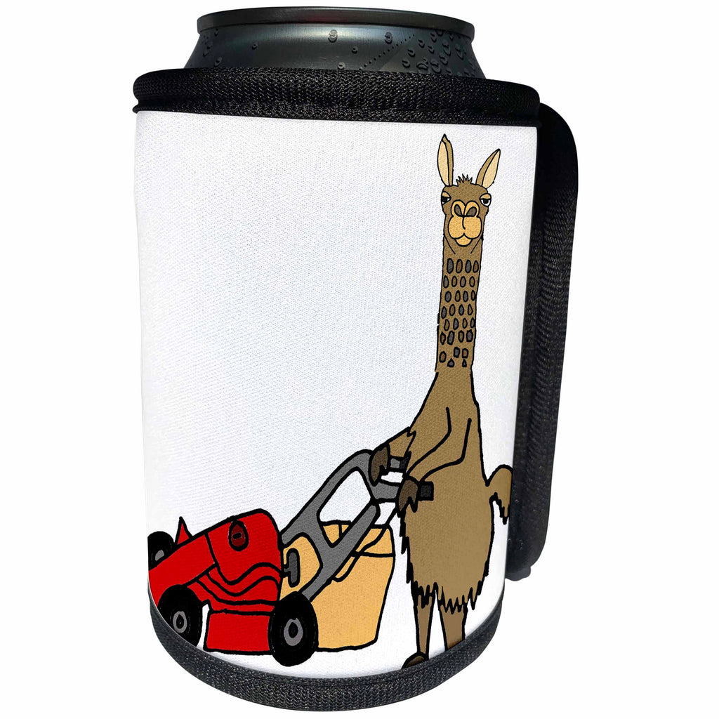 3dRose All Smiles Art Funny - Funny Cute Llama Pushing Red Lawn Mower and Mowing Grass - Can Cooler Bottle Wrap (cc_255801)