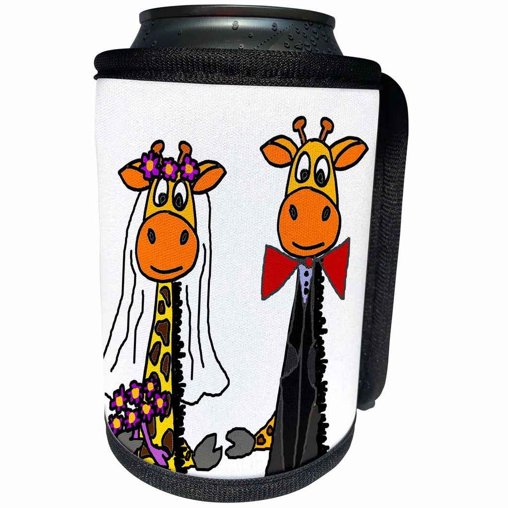 3dRose All Smiles Art Love - Funny Cute Giraffe Bride and Groom Wedding Cartoon - Can Cooler Bottle Wrap (cc_255804)