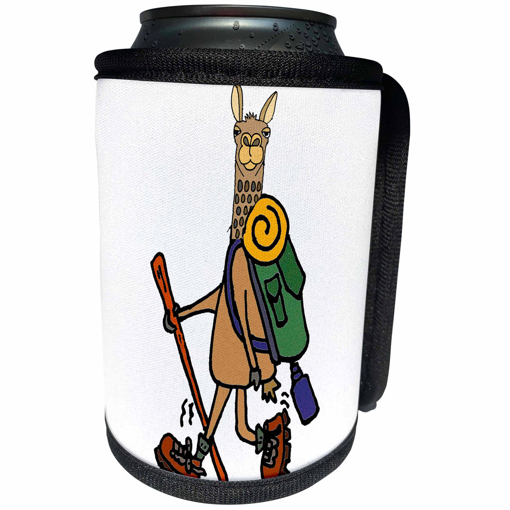 3dRose All Smiles Art Sports and Hobbies - Funny Cute Llama Hiking and Camping - Can Cooler Bottle Wrap (cc_255806)