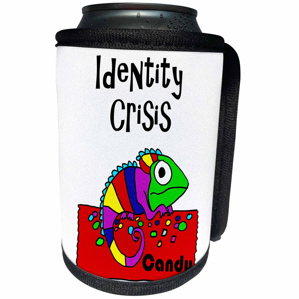 3dRose All Smiles Art Funny - Funny Cute Chameleon on Bag of Colorful Candy Identity Crisis - Can Cooler Bottle Wrap (cc_255813)