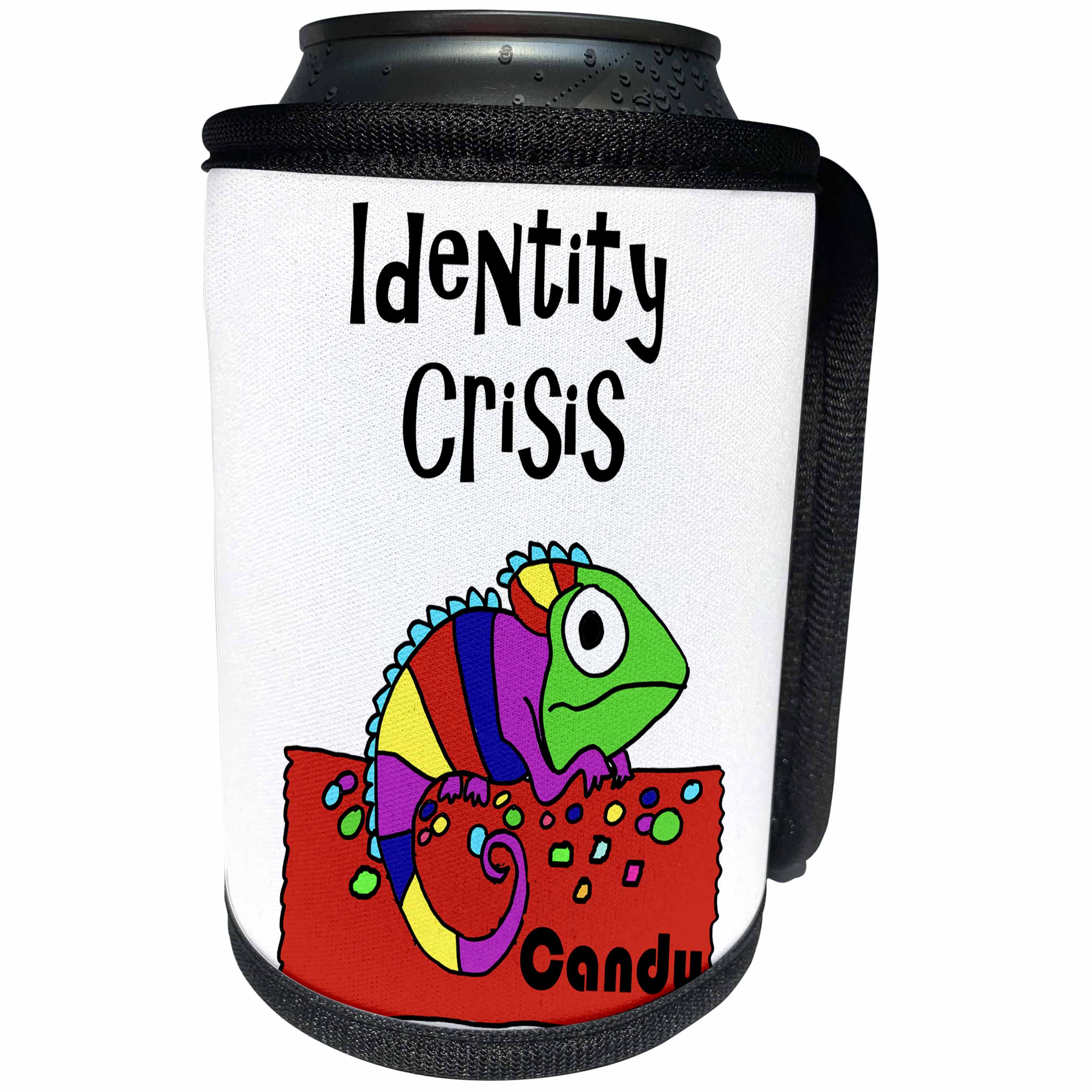 3dRose All Smiles Art Funny - Funny Cute Chameleon on Bag of Colorful Candy Identity Crisis - Can Cooler Bottle Wrap (cc_255813)