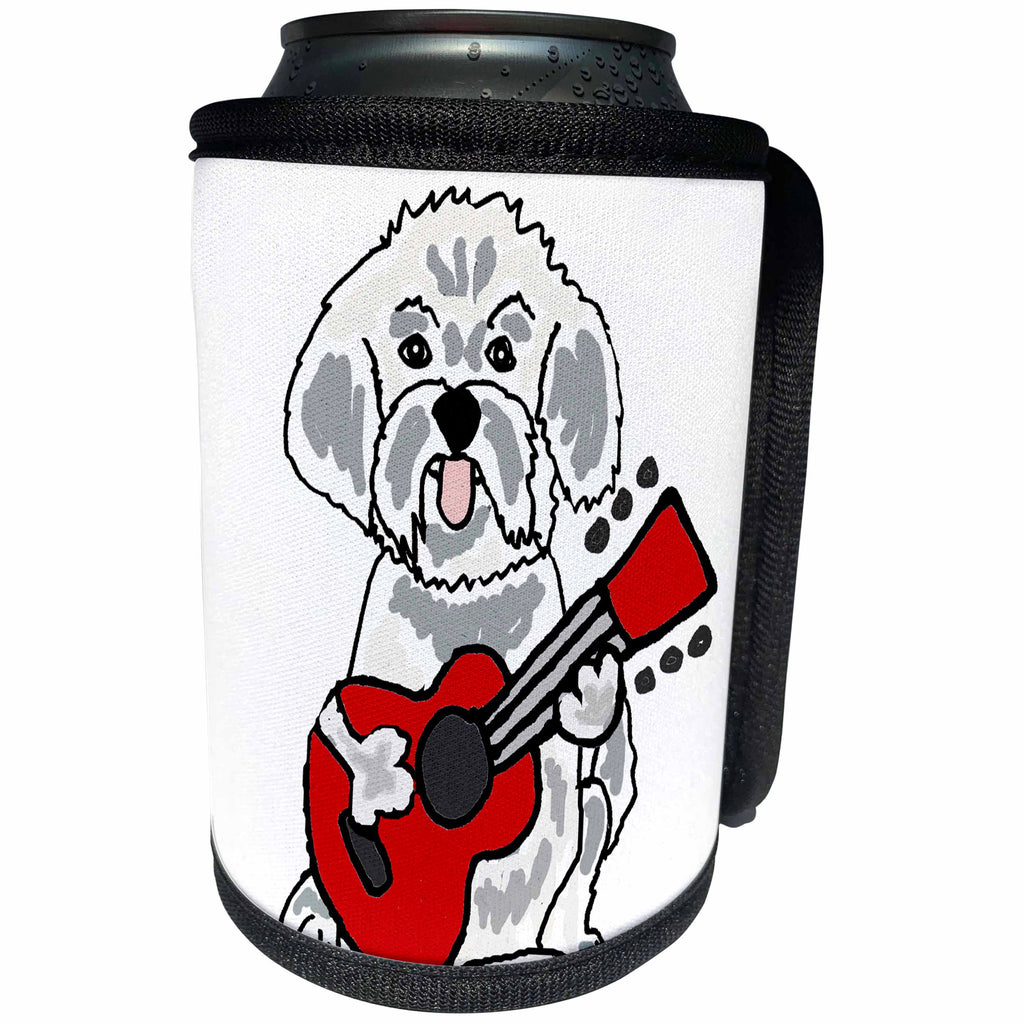 3dRose All Smiles Art Music - Funny Cute Bichon Frise Dog Playing Guitar - Can Cooler Bottle Wrap (cc_255814)