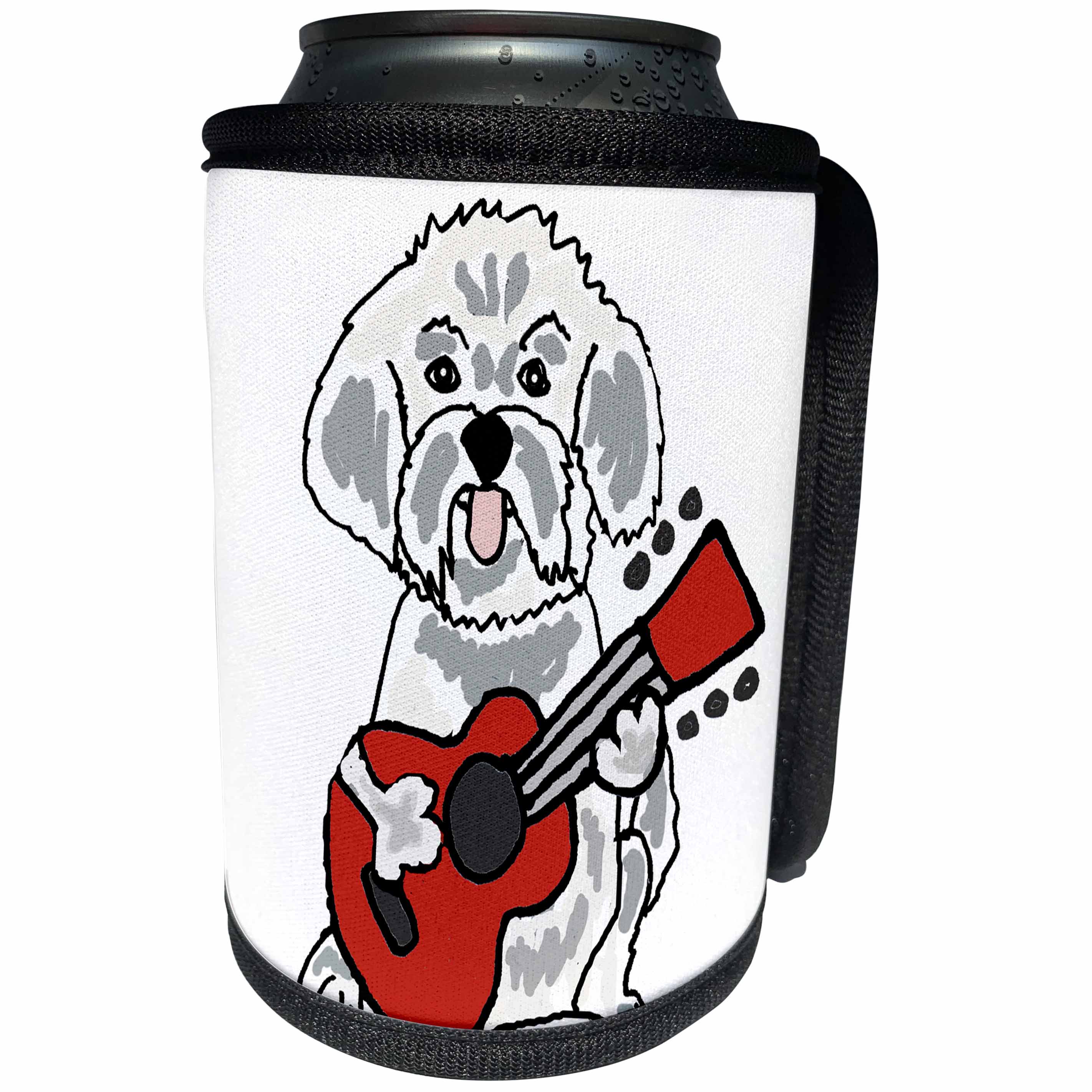 3dRose All Smiles Art Music - Funny Cute Bichon Frise Dog Playing Guitar - Can Cooler Bottle Wrap (cc_255814)