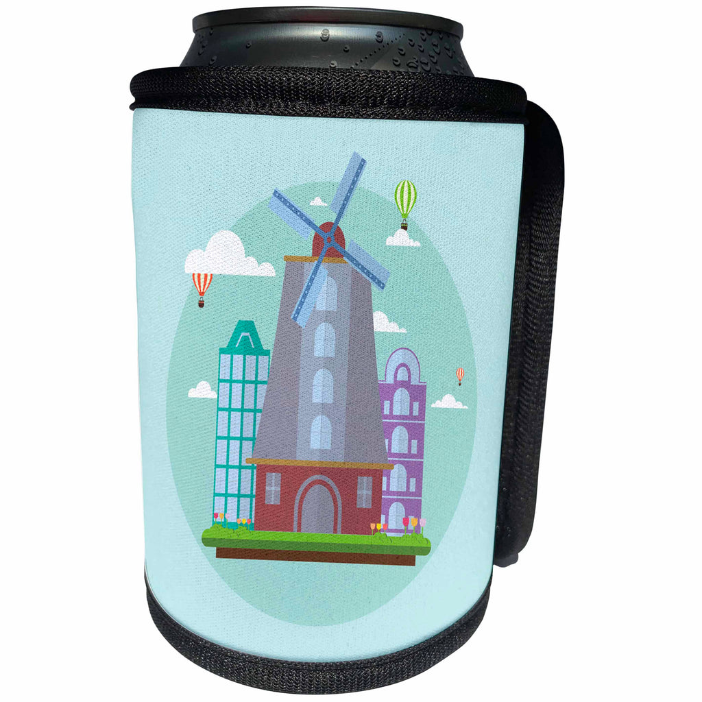 3dRose Sven Herkenrath Cities - Amsterdam Windmill on a Green Platform Trendy Work - Can Cooler Bottle Wrap (cc_255841)
