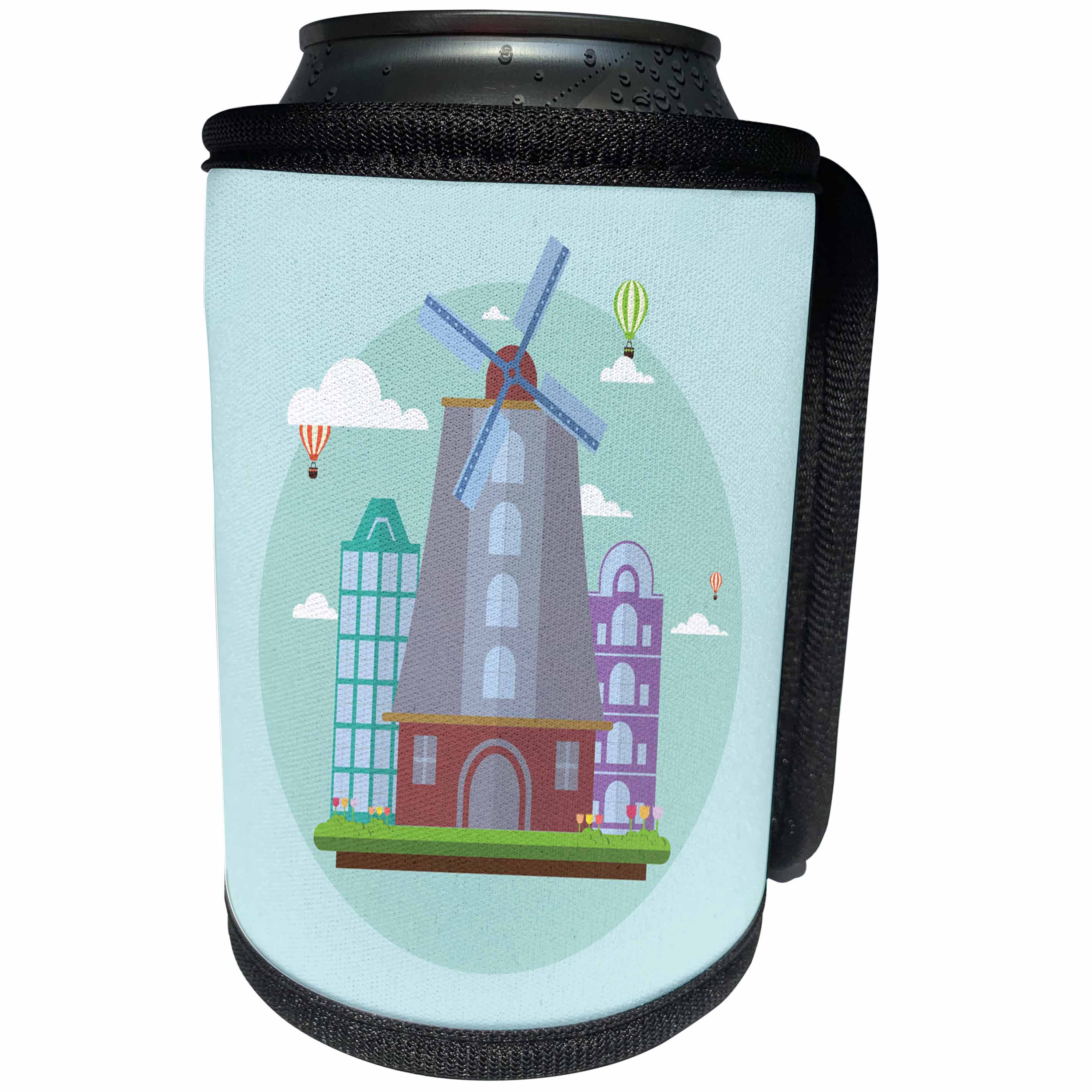 3dRose Sven Herkenrath Cities - Amsterdam Windmill on a Green Platform Trendy Work - Can Cooler Bottle Wrap (cc_255841)