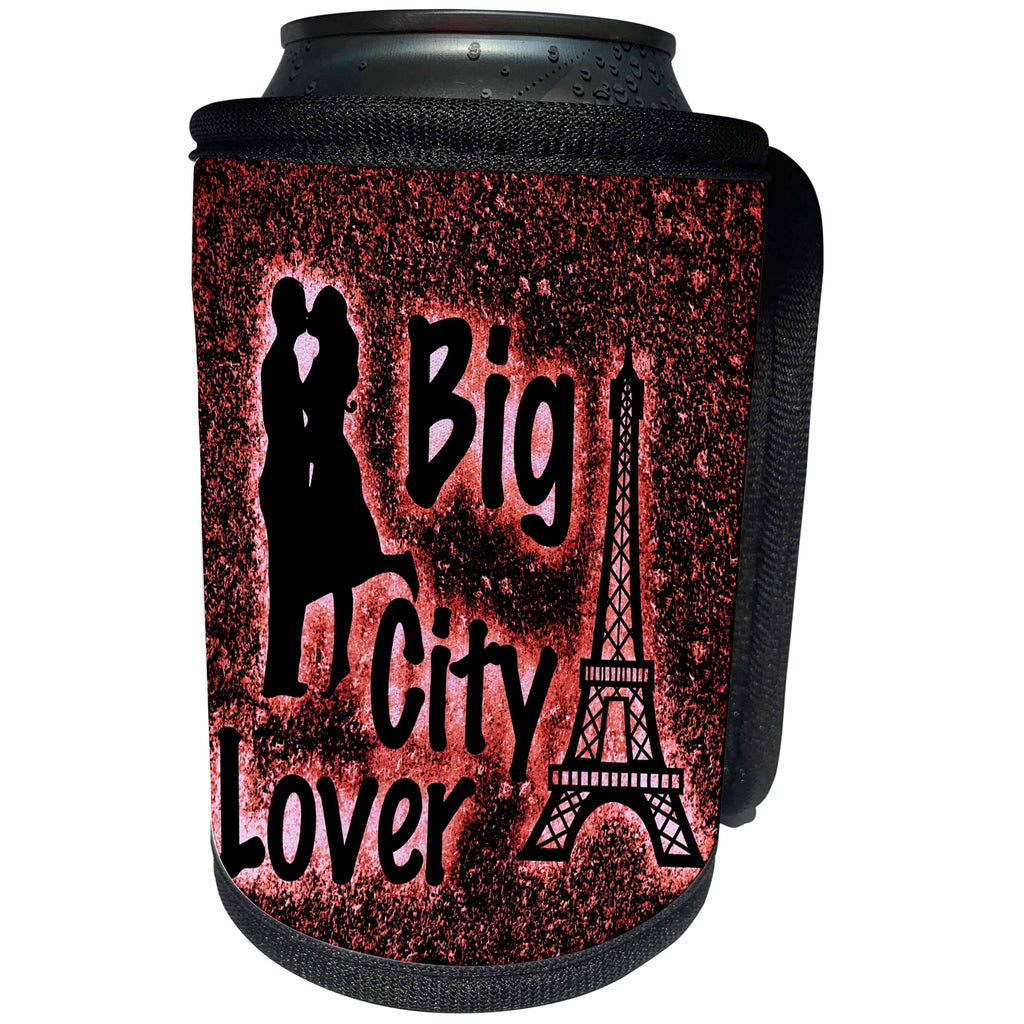 3dRose Sven Herkenrath Quotes - Big City Lover Quote Silhouette of Kissing Couple Eiffel Tower - Can Cooler Bottle Wrap (cc_255846)