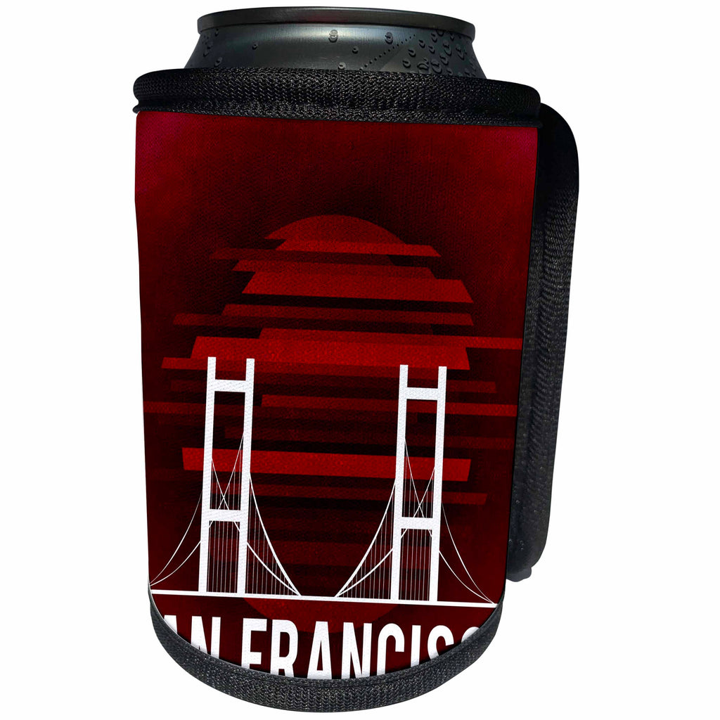 3dRose Sven Herkenrath Cities - Golden Gate Bridge White on Red Background San Francisco - Can Cooler Bottle Wrap (cc_255847)