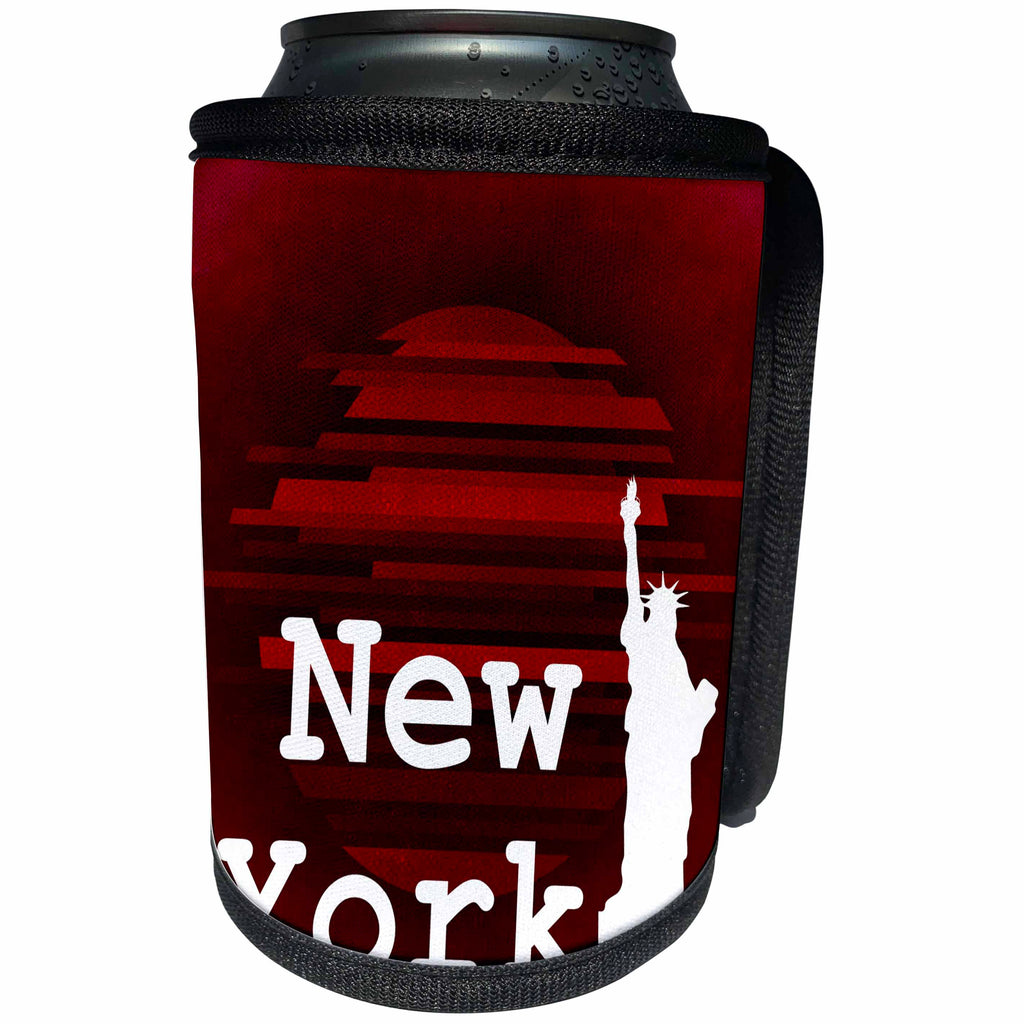 3dRose Sven Herkenrath Cities - New York White Letters and Statue of Liberty on Red Background - Can Cooler Bottle Wrap (cc_255848)