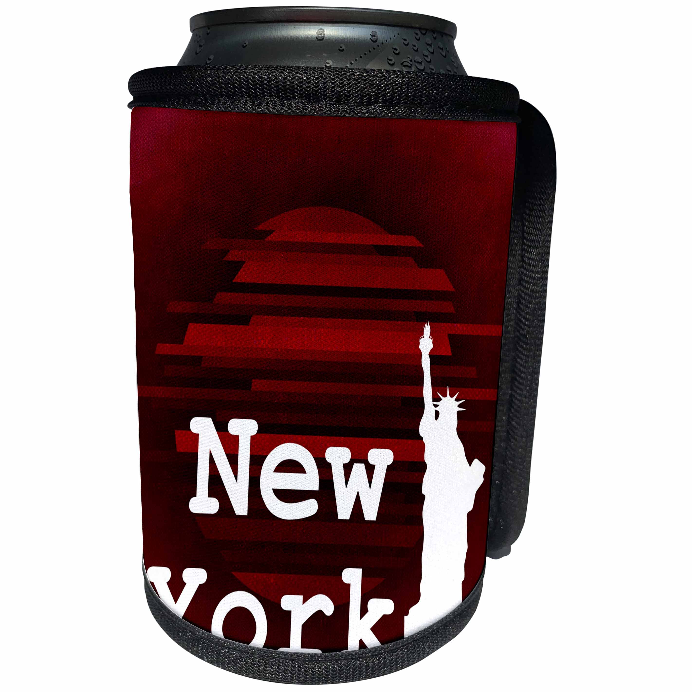 3dRose Sven Herkenrath Cities - New York White Letters and Statue of Liberty on Red Background - Can Cooler Bottle Wrap (cc_255848)