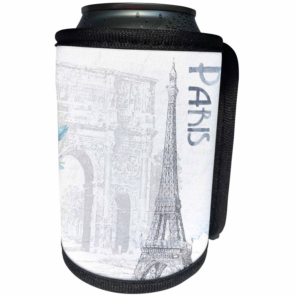 3dRose Sven Herkenrath Cities - Paris Arc de Triomphe and Eiffel Tower on White Background Illustration - Can Cooler Bottle Wrap (cc_255856)