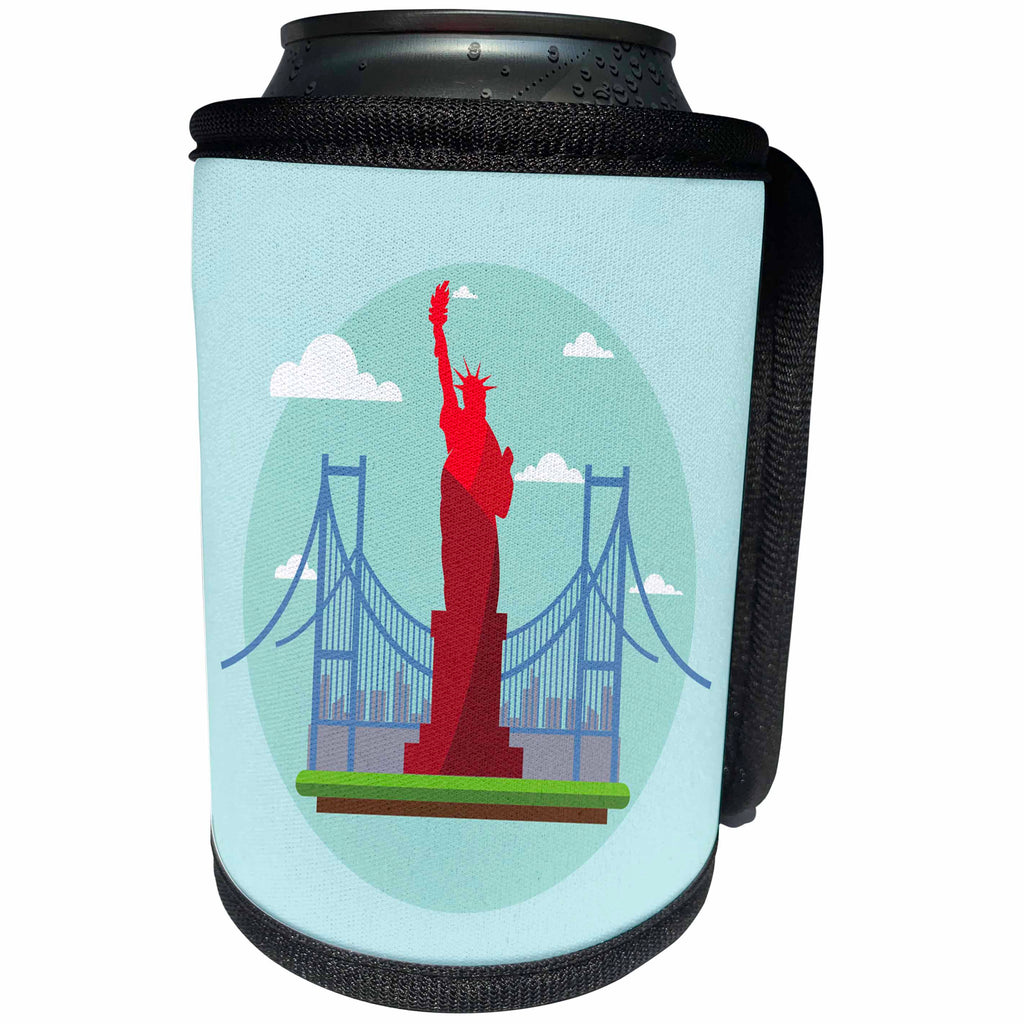 3dRose Sven Herkenrath Cities - Red Statue of Liberty Brooklyn Bridge on Green Platform Trendy Work - Can Cooler Bottle Wrap (cc_255863)