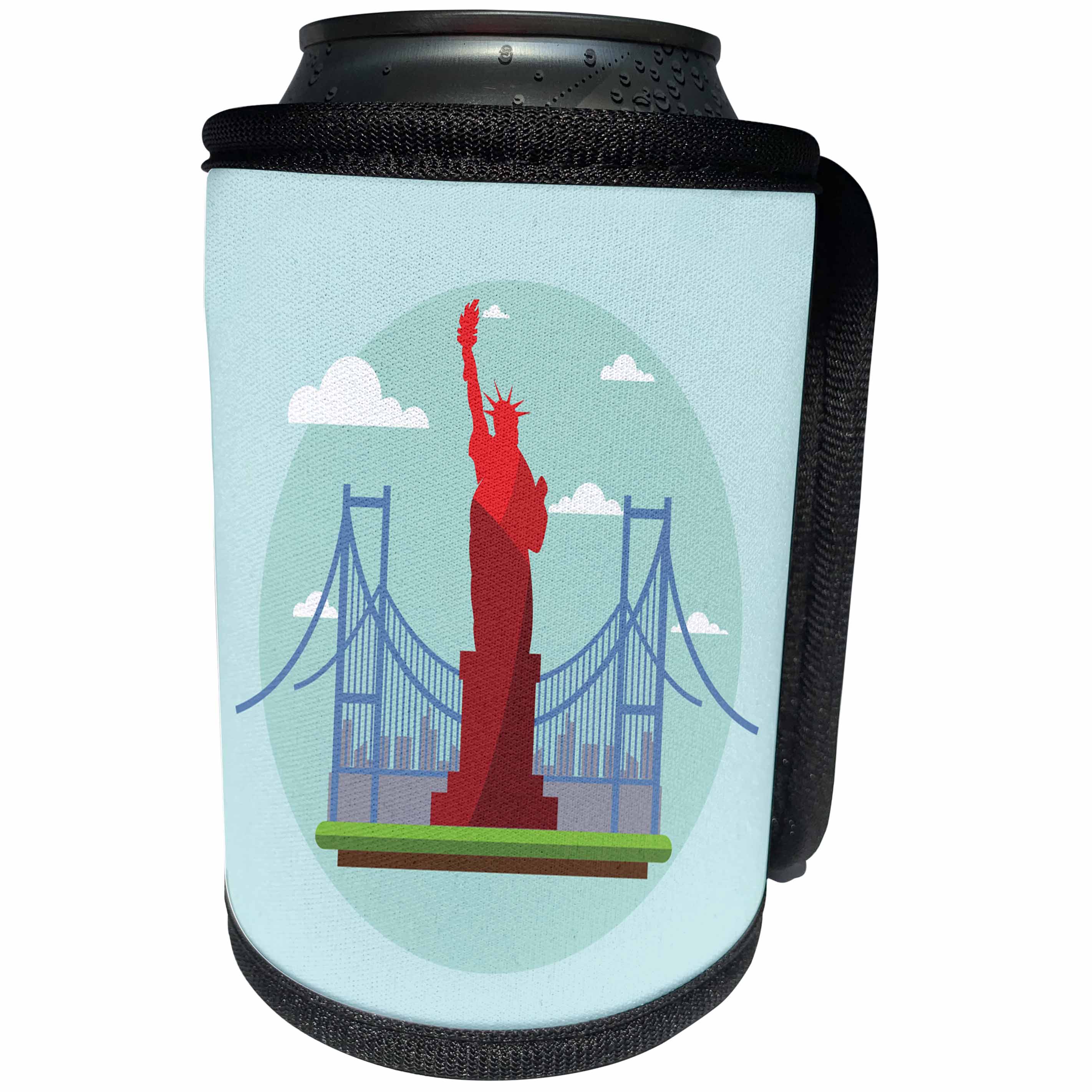 3dRose Sven Herkenrath Cities - Red Statue of Liberty Brooklyn Bridge on Green Platform Trendy Work - Can Cooler Bottle Wrap (cc_255863)