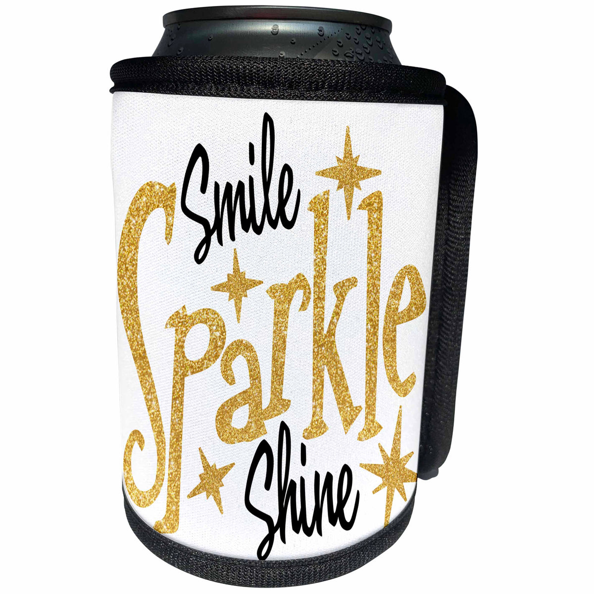 3dRose Sven Herkenrath Quotes - Smile Sparkle Shine Text with Stars in Black and Gold Colors on White Background - Can Cooler Bottle Wrap (cc_255866)