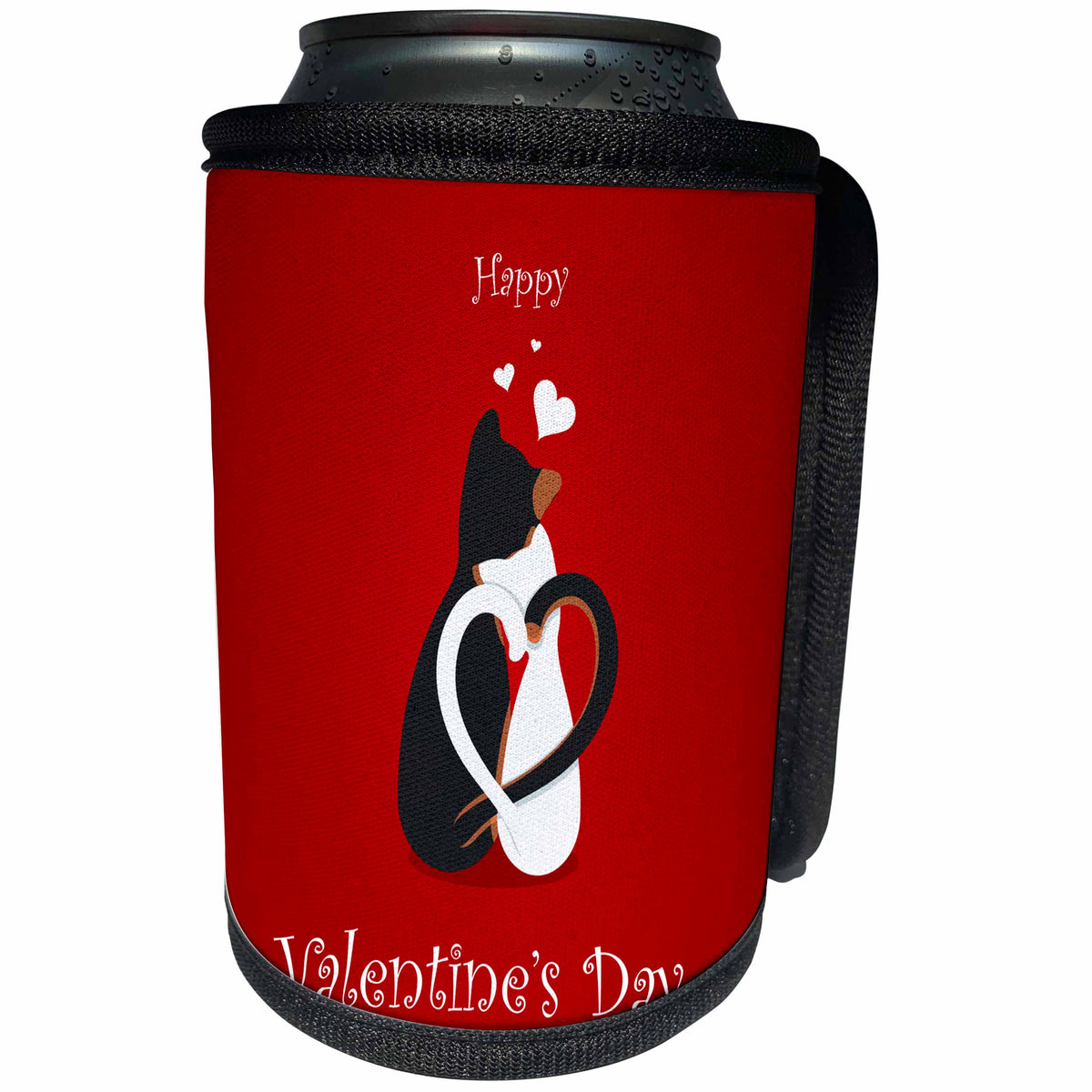 3dRose Sven Herkenrath Valentine - Happy Valentines Day Black and White Cats on Red Background - Can Cooler Bottle Wrap (cc_255870)