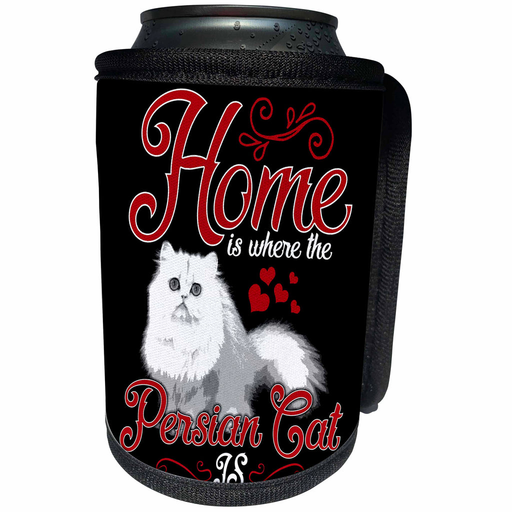 3dRose Sven Herkenrath Quotes - Home Is where the Persian Cat Is White Cat on Black Background Quote - Can Cooler Bottle Wrap (cc_255884)