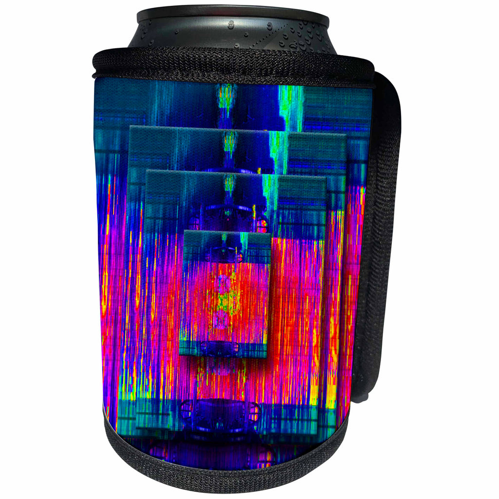 3dRose Jos Fauxtographee- Layered Abstract - Layers of blue and pink with yellow striated on turquoise - Can Cooler Bottle Wrap (cc_255954)