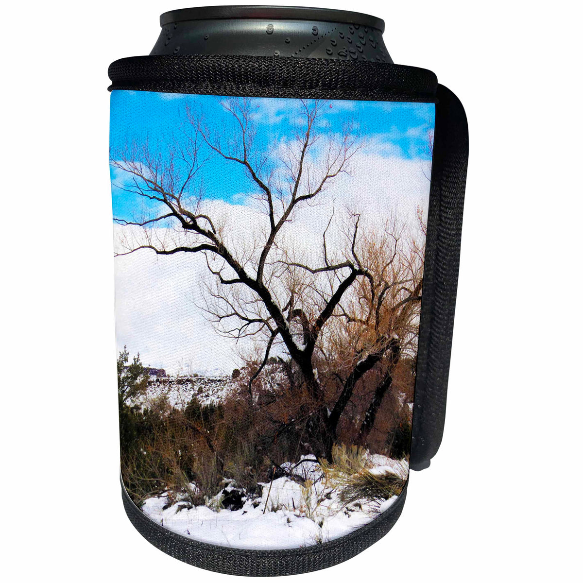 3dRose Jos Fauxtographee- Barren Tree in Winter - A barren tree on a snowy day with a blue sky and clouds - Can Cooler Bottle Wrap (cc_255976)