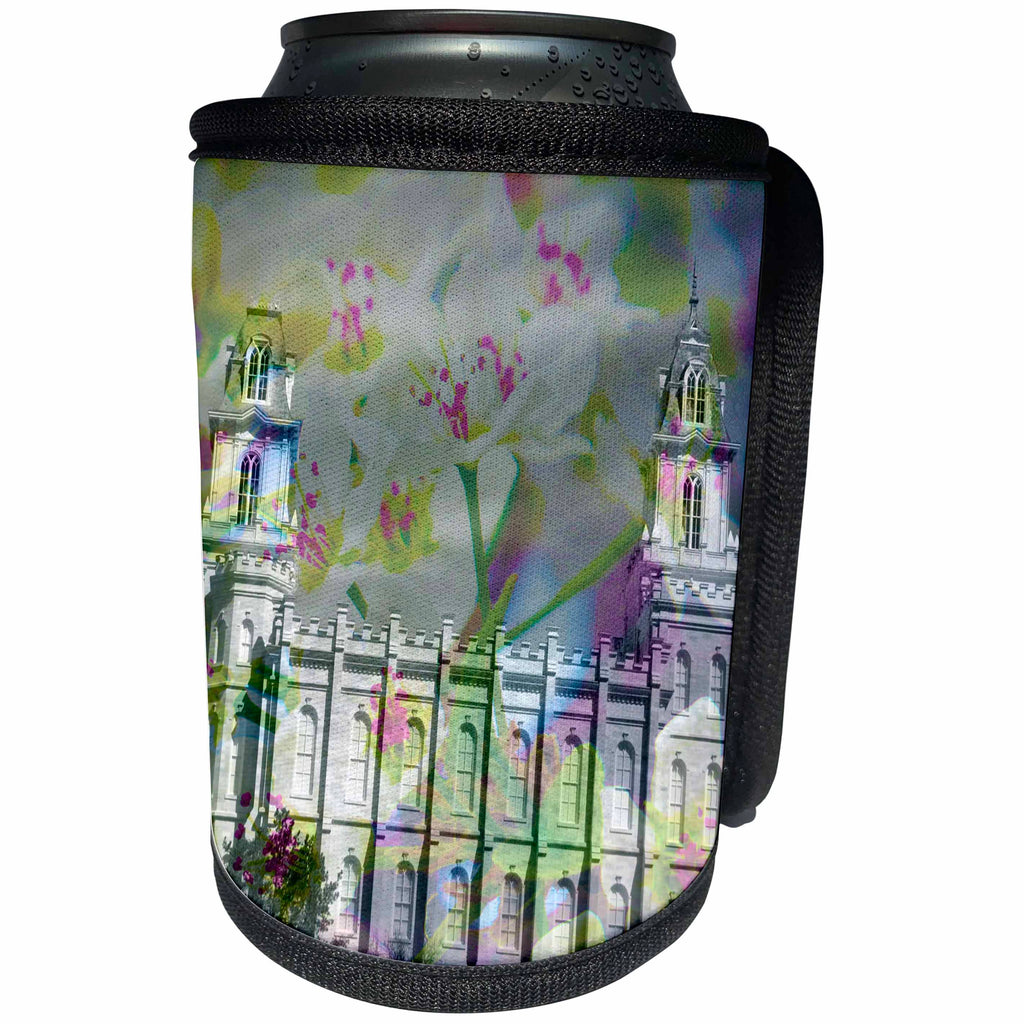 3dRose Jos Fauxtographee- Manti Temple Design - A floral design behind the LDS Manti Temple in Utah - Can Cooler Bottle Wrap (cc_255979)