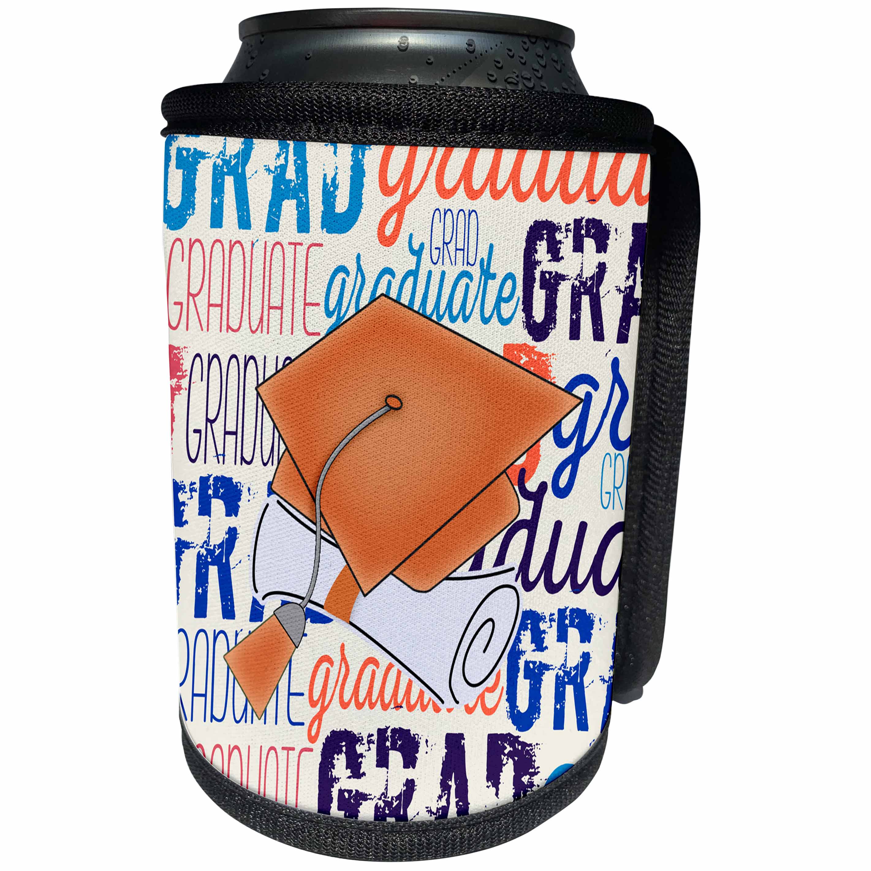 3dRose Beverly Turner Graduation Design - Bright Orange Graduation Cap and Diploma, Colorful Graduation Words - Can Cooler Bottle Wrap (cc_255982)