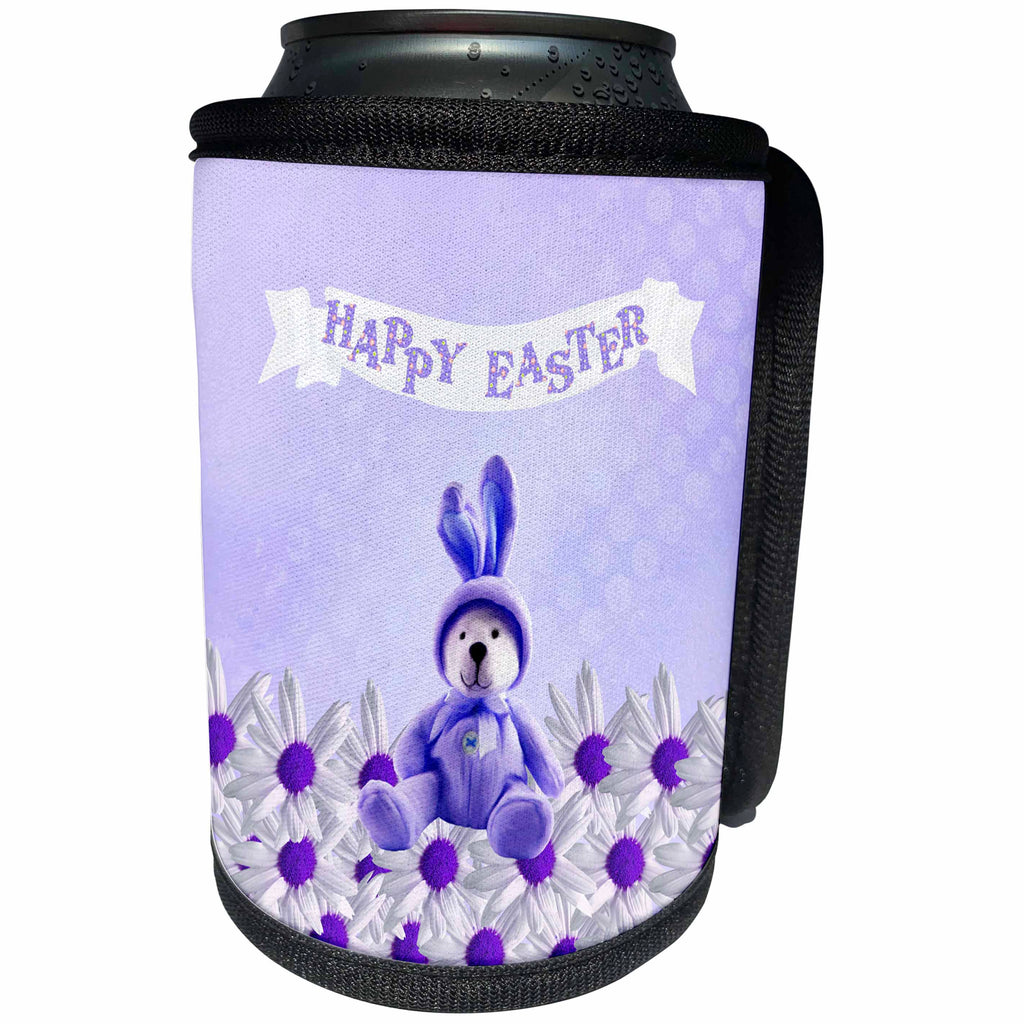 3dRose Beverly Turner Easter Design and Photography - Bear Dressed in Bunny Costume Sitting on Daisies, Happy Easter, Purple - Can Cooler Bottle Wrap (cc_256040)
