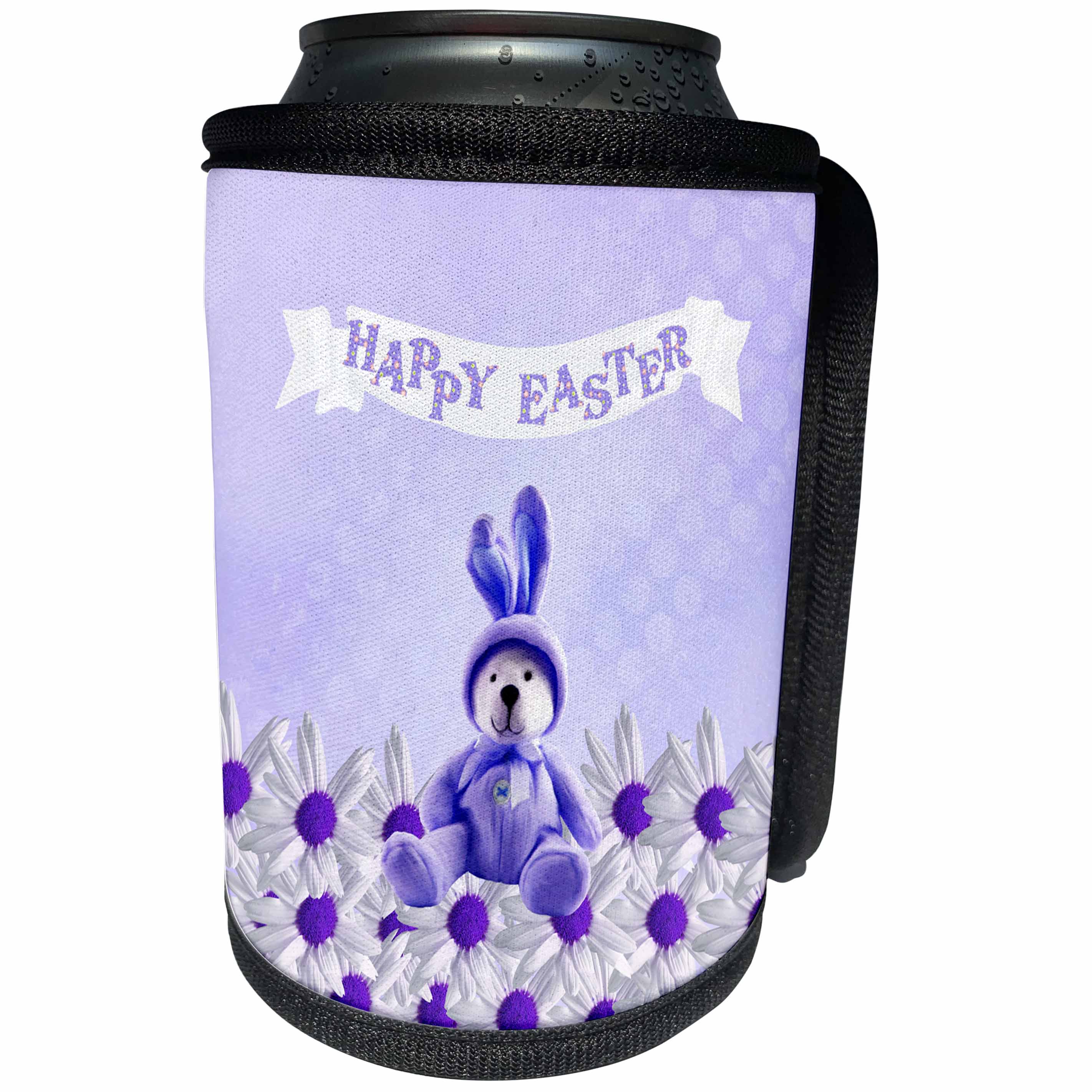 3dRose Beverly Turner Easter Design and Photography - Bear Dressed in Bunny Costume Sitting on Daisies, Happy Easter, Purple - Can Cooler Bottle Wrap (cc_256040)