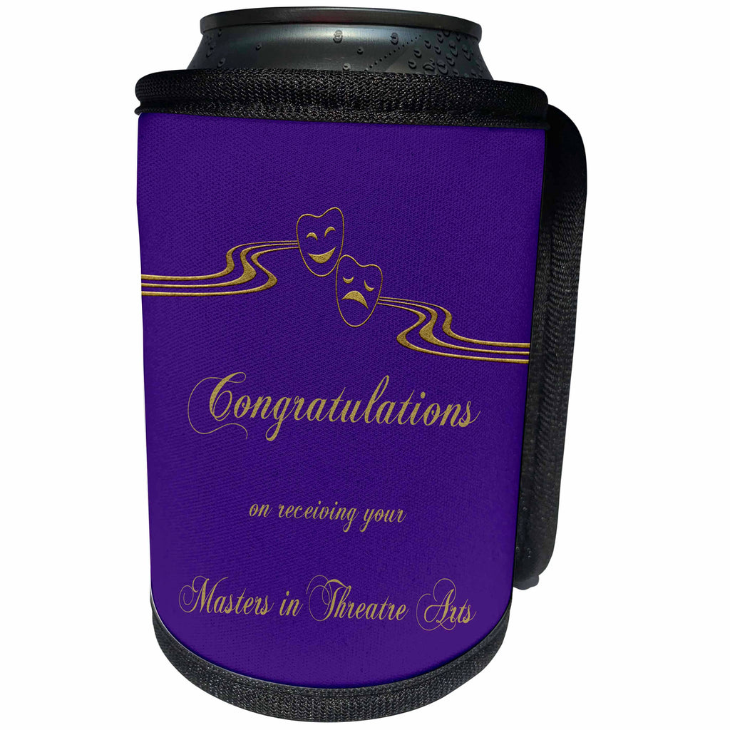 3dRose Beverly Turner Graduation Design - Masters in Theatre Arts, Congratulations, Purple, Gold, Masks - Can Cooler Bottle Wrap (cc_256054)