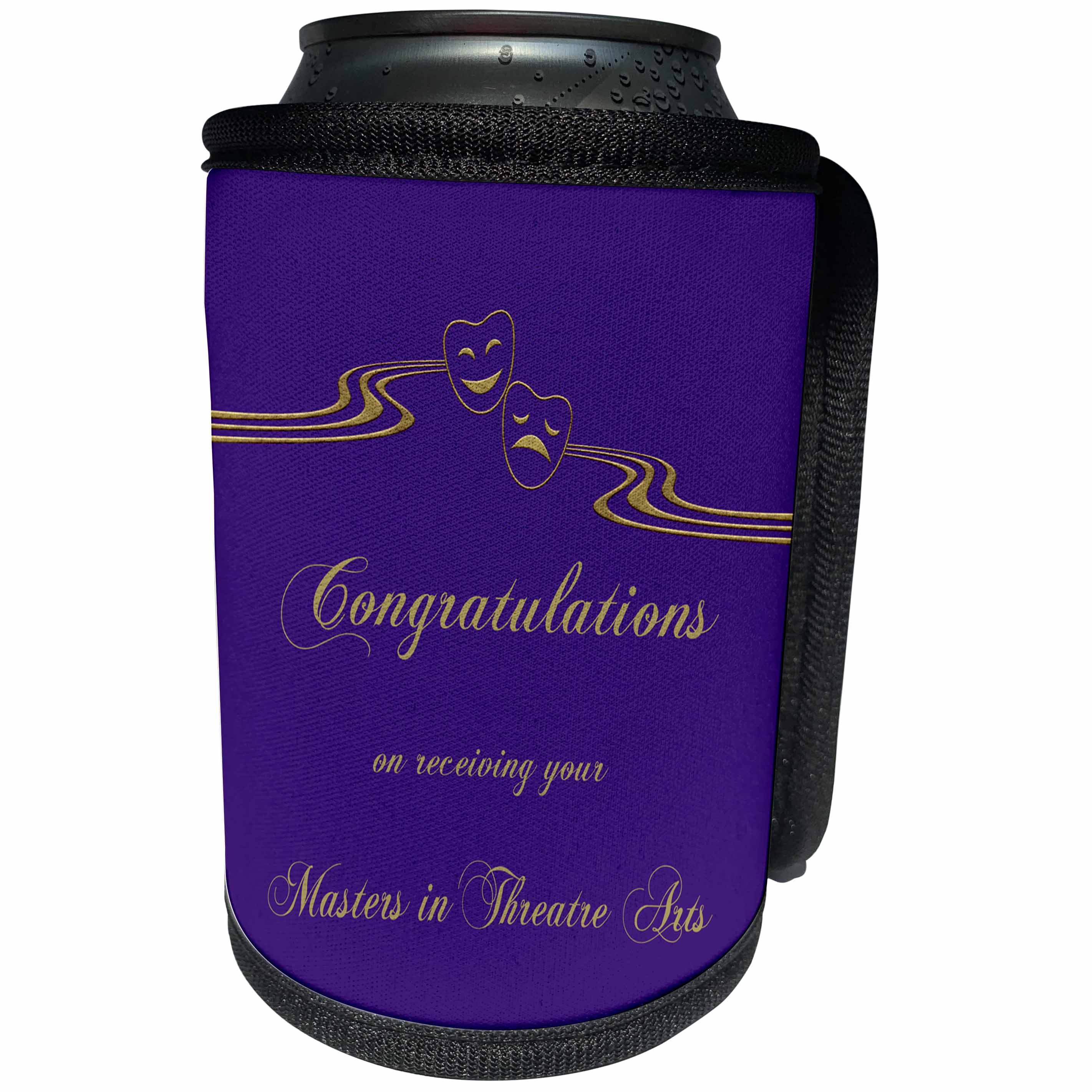 3dRose Beverly Turner Graduation Design - Masters in Theatre Arts, Congratulations, Purple, Gold, Masks - Can Cooler Bottle Wrap (cc_256054)