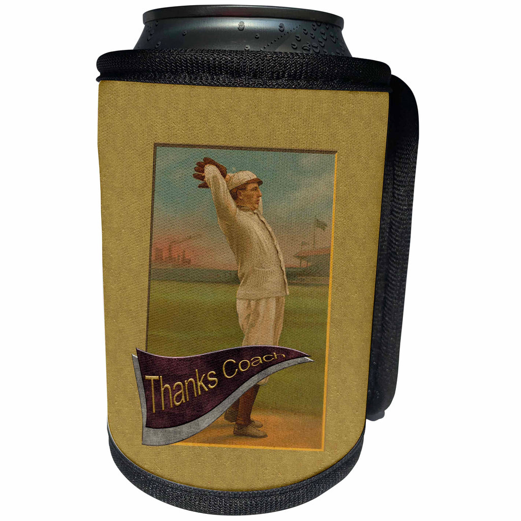 3dRose Beverly Turner Sports Design - Vintage Baseball Pitcher on Baseball Field, Thanks Coach - Can Cooler Bottle Wrap (cc_256059)
