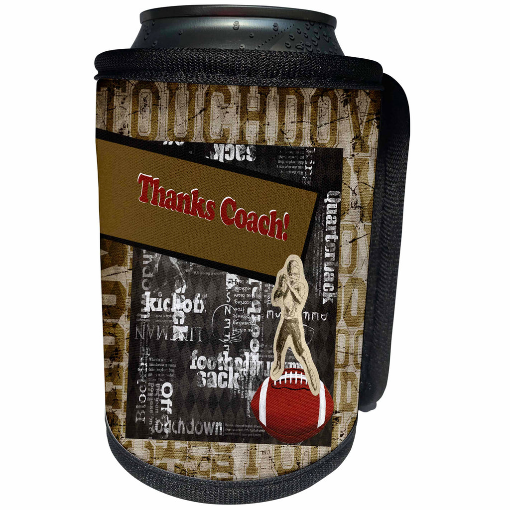 3dRose Beverly Turner Sports Design - Football Abstract Design, Football Words, Thanks Coach - Can Cooler Bottle Wrap (cc_256060)