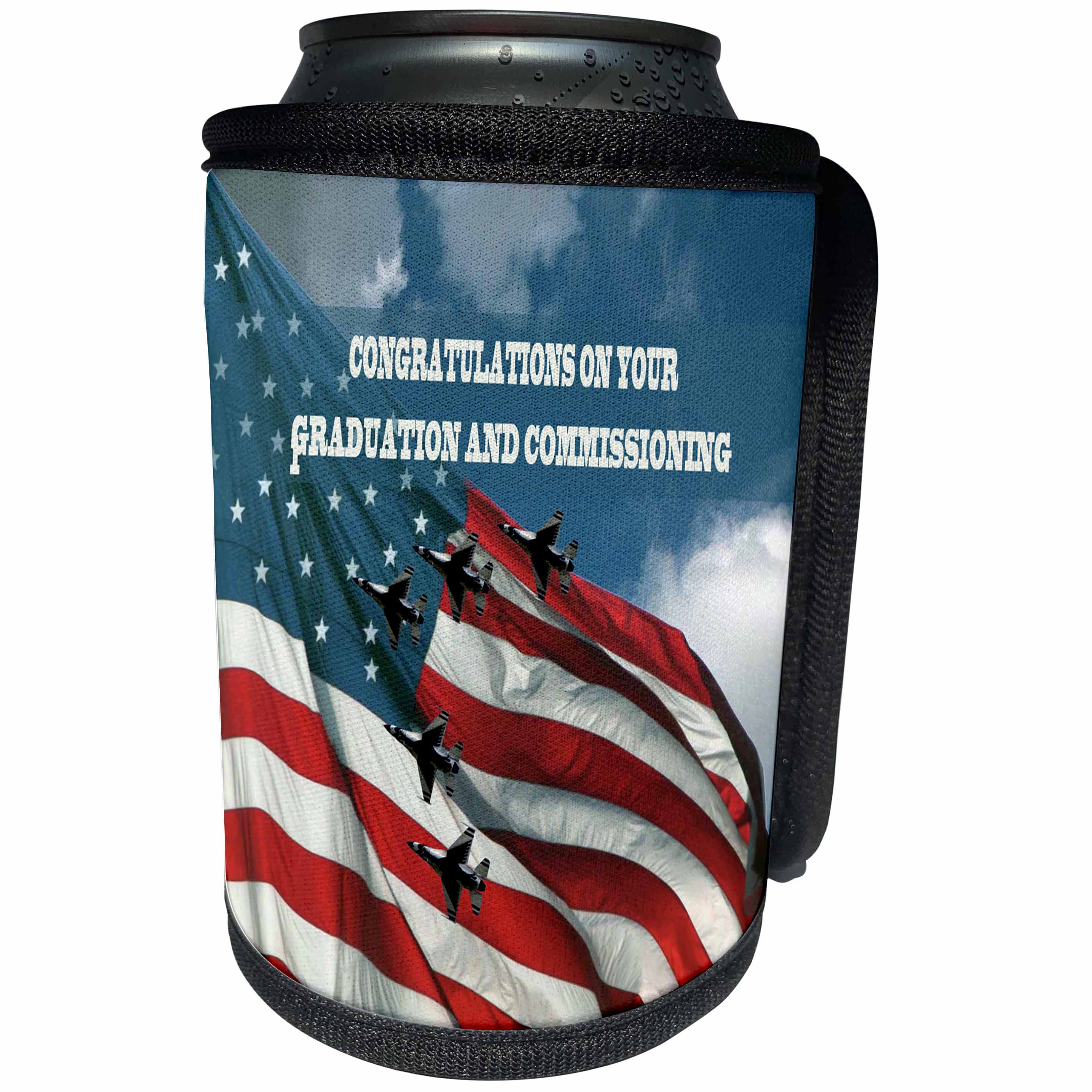 3dRose Beverly Turner Military Design - Planes Flying with Flag in the Clouds - Can Cooler Bottle Wrap (cc_256067)