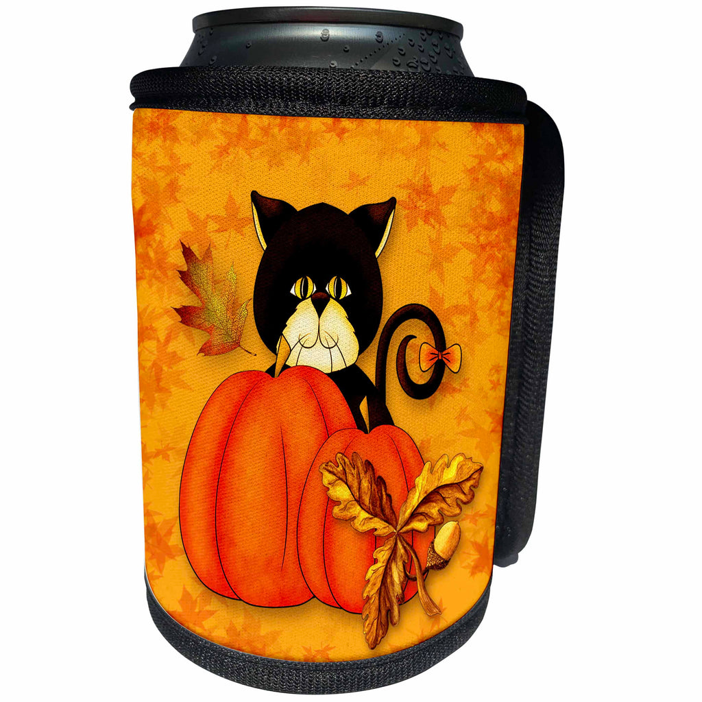 3dRose Doreen Erhardt Autumn Collection - Cute Black Cat Behind a Harvest Pumpkin in Autumn Hues and Fall Leaves - Can Cooler Bottle Wrap (cc_256077)