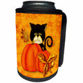 3dRose Doreen Erhardt Autumn Collection - Cute Black Cat Behind a Harvest Pumpkin in Autumn Hues and Fall Leaves - Can Cooler Bottle Wrap (cc_256077)