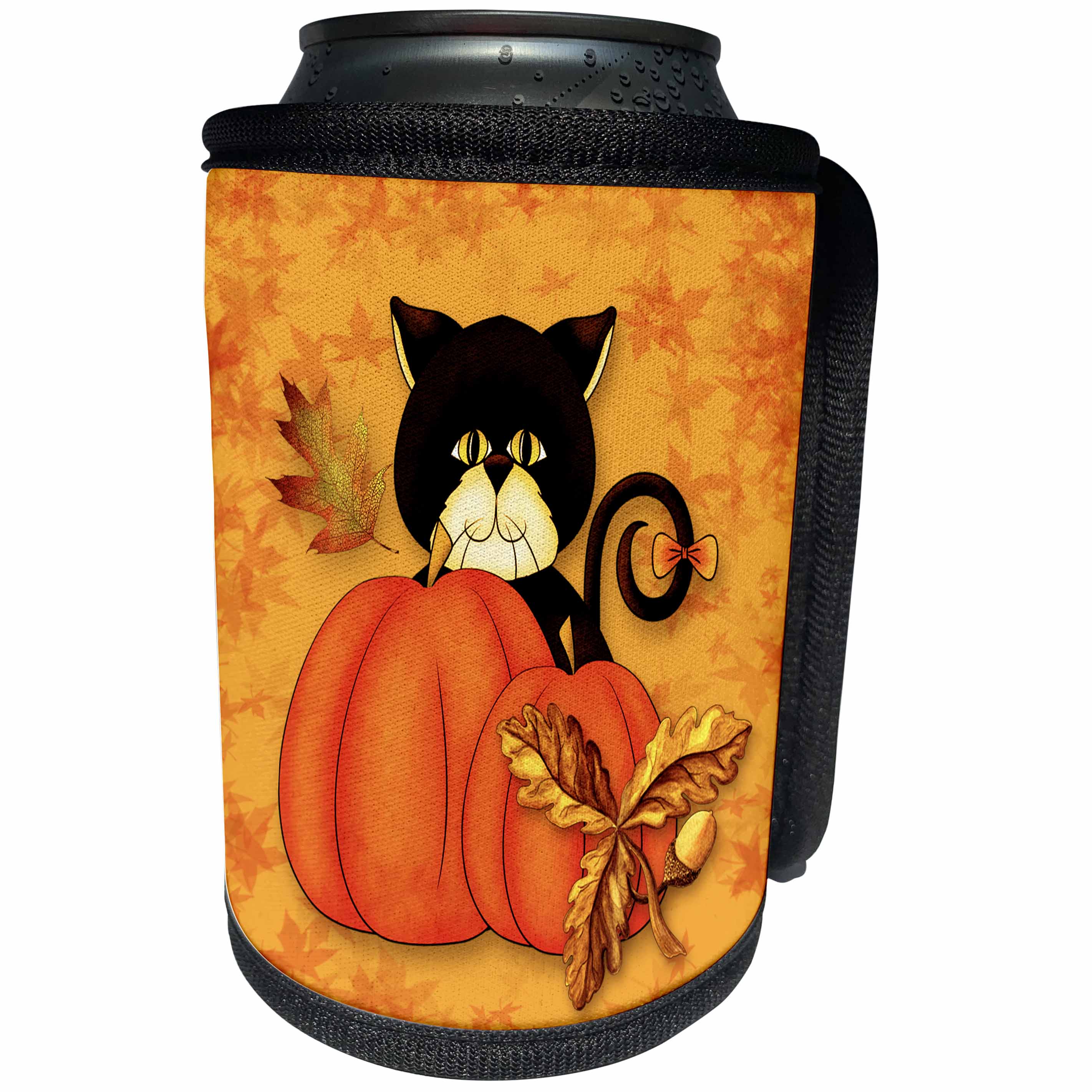 3dRose Doreen Erhardt Autumn Collection - Cute Black Cat Behind a Harvest Pumpkin in Autumn Hues and Fall Leaves - Can Cooler Bottle Wrap (cc_256077)