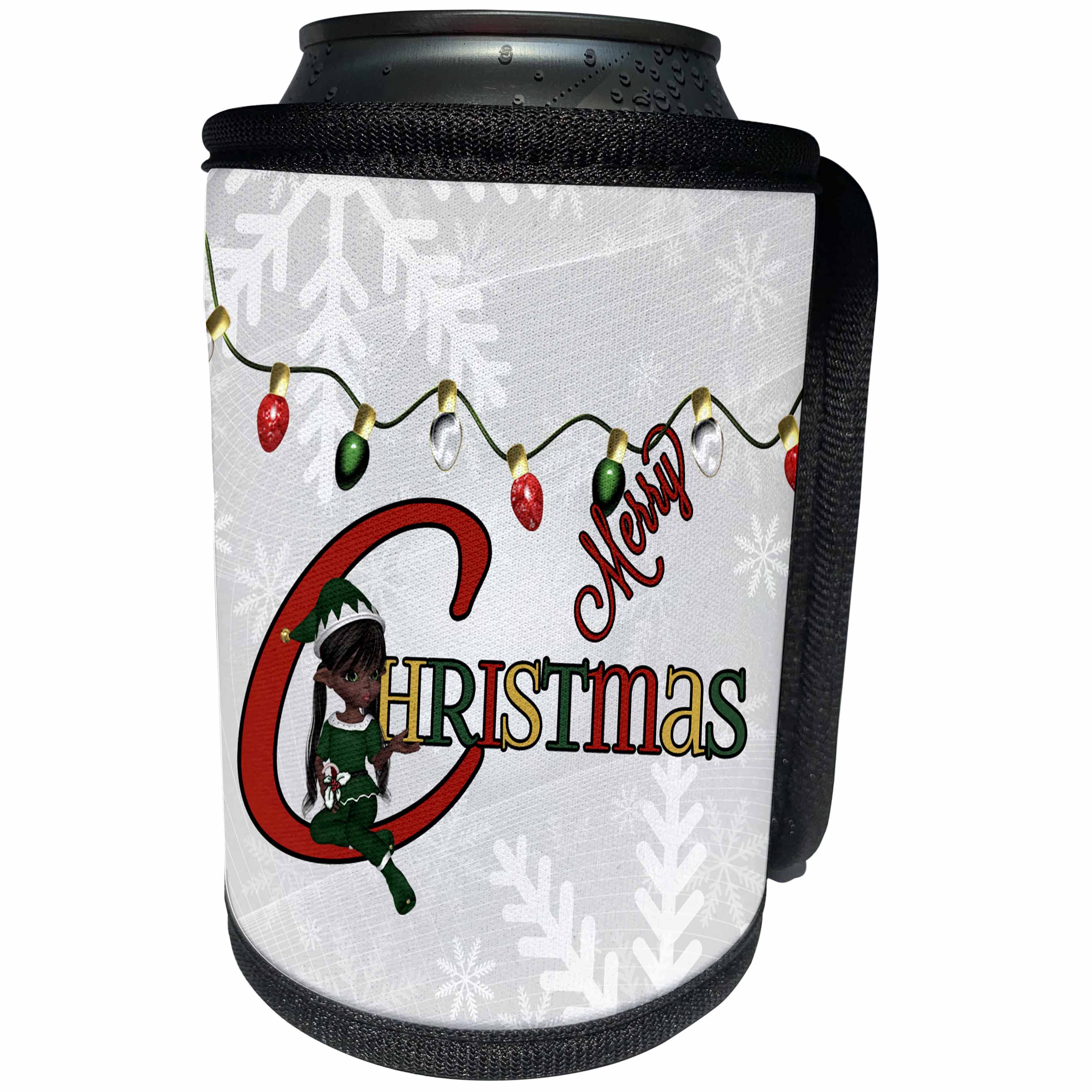 3dRose Doreen Erhardt Christmas Collection - Little Elf Girl and Holiday Lights with Merry Christmas Word Art - Can Cooler Bottle Wrap (cc_256079)