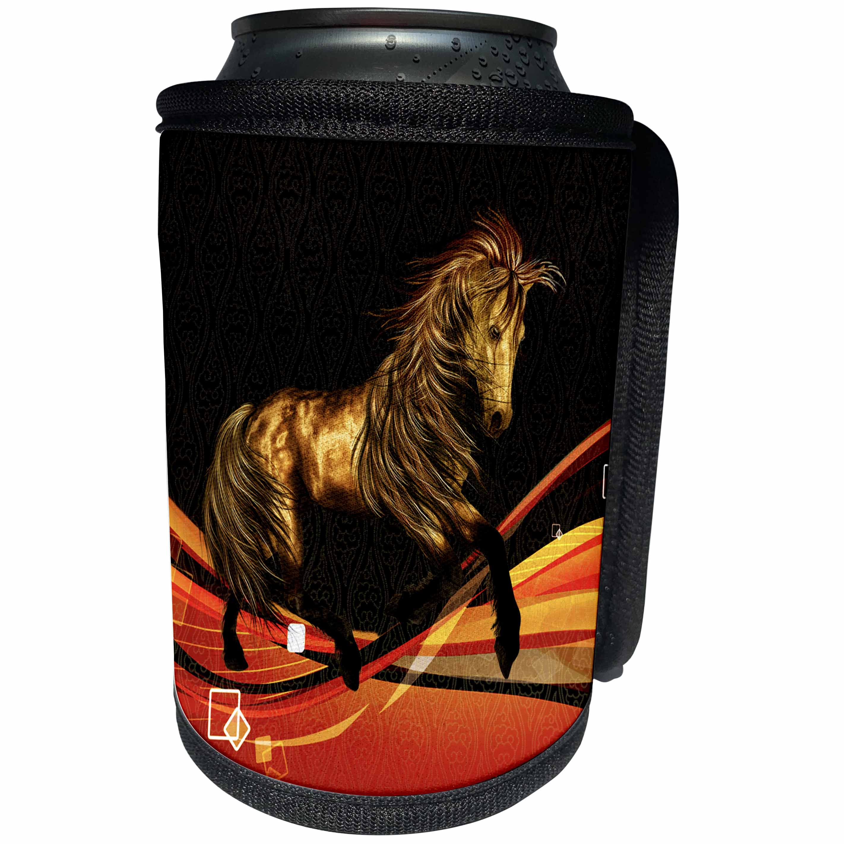 3dRose Doreen Erhardt Asian Collection - Chinese Red Black and Gold with Golden Horse New Year - Can Cooler Bottle Wrap (cc_256082)