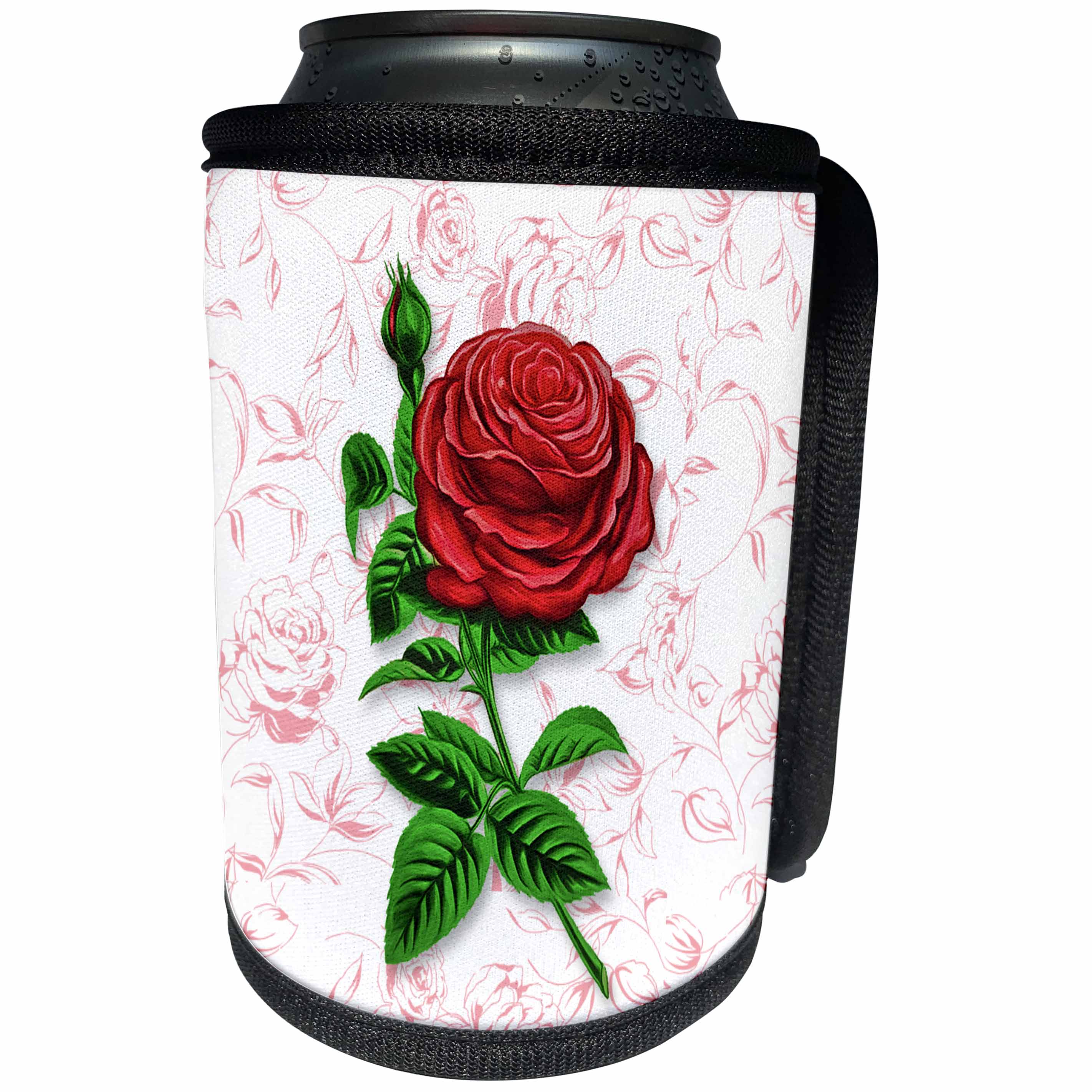 3dRose Doreen Erhardt Floral - Beautiful Solitary Red Rose with Red and White Rose Background - Can Cooler Bottle Wrap (cc_256092)